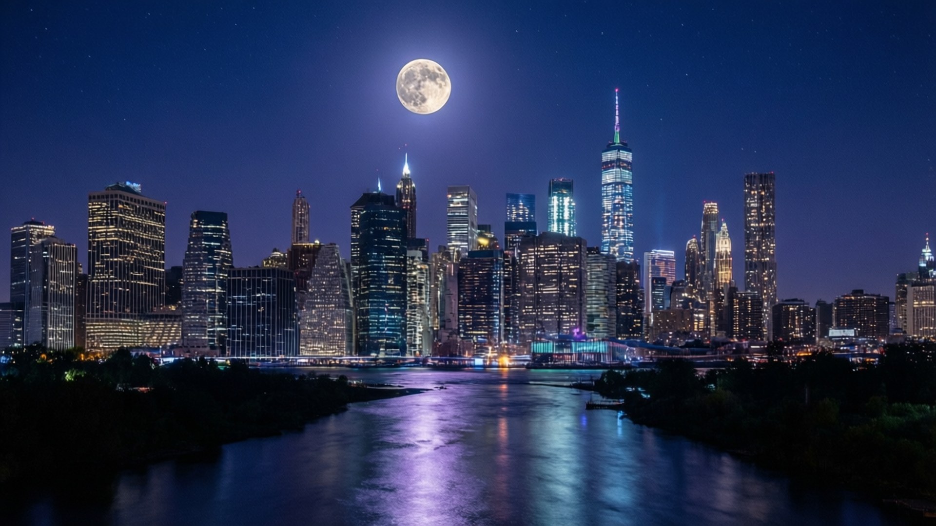 月光下的城市天際線，發光的摩天大樓在夜間倒映在河流中。