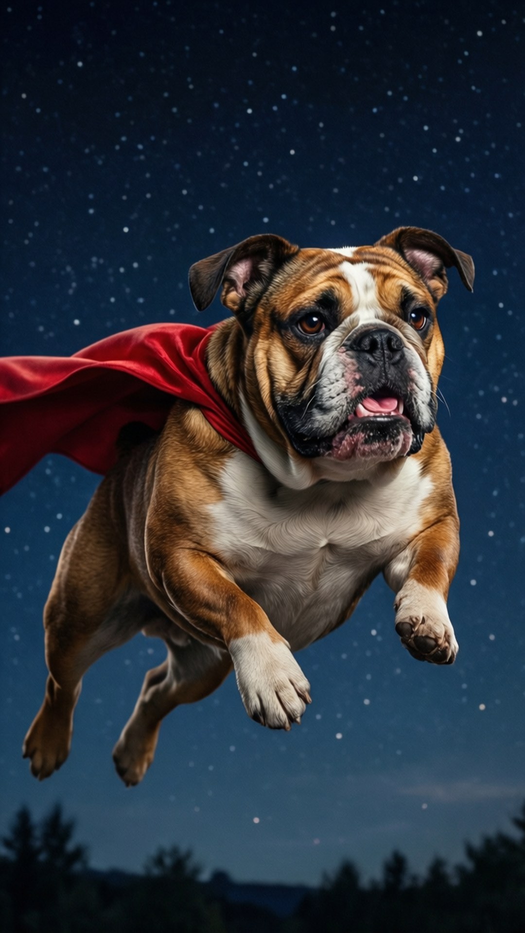 一隻鬥牛犬穿著紅色斗篷在繁星點點的夜空中飛翔。