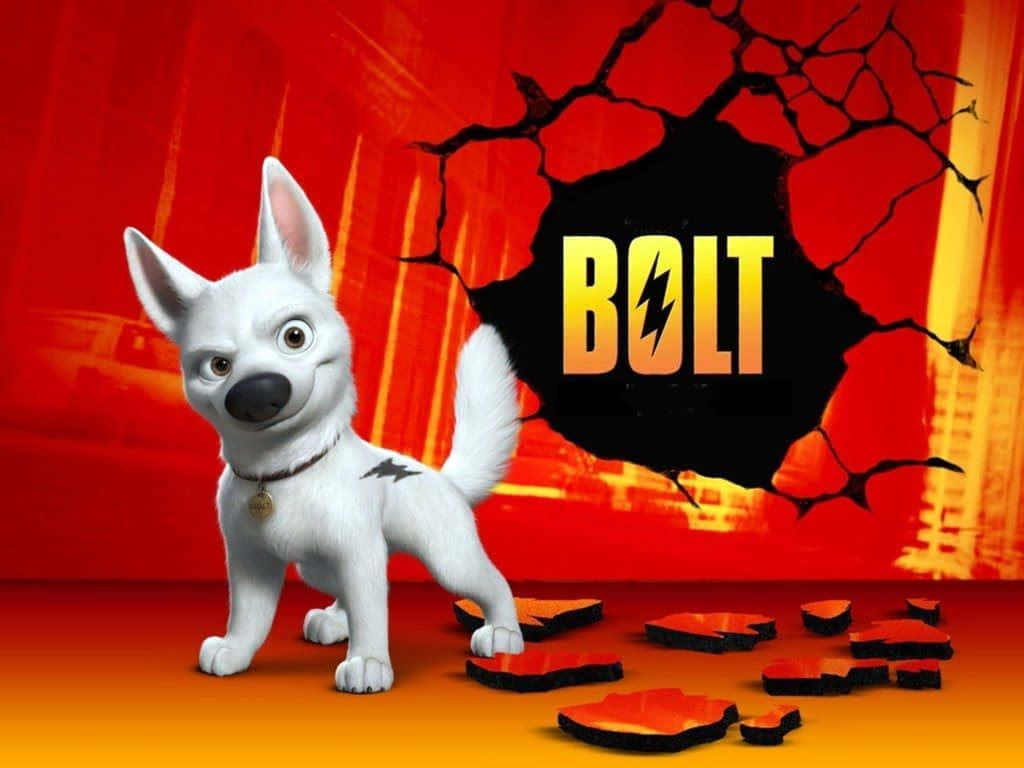 超級狗狗 Bolt 的榮耀時刻 壁紙 — 一隻白色動畫狗站在一道裂開的紅牆前，牆上以粗體黃色字母顯示BOLT這個詞。