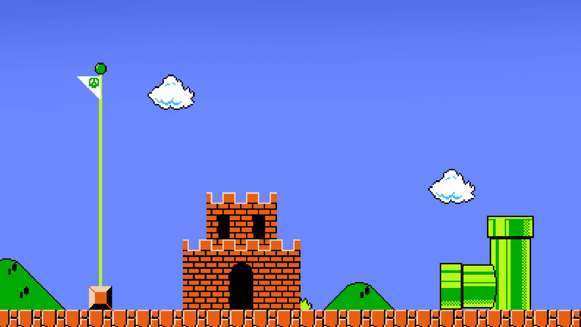 經典像素化Mario遊戲關卡，有城堡、水管同旗杆。 — 放大 壁紙