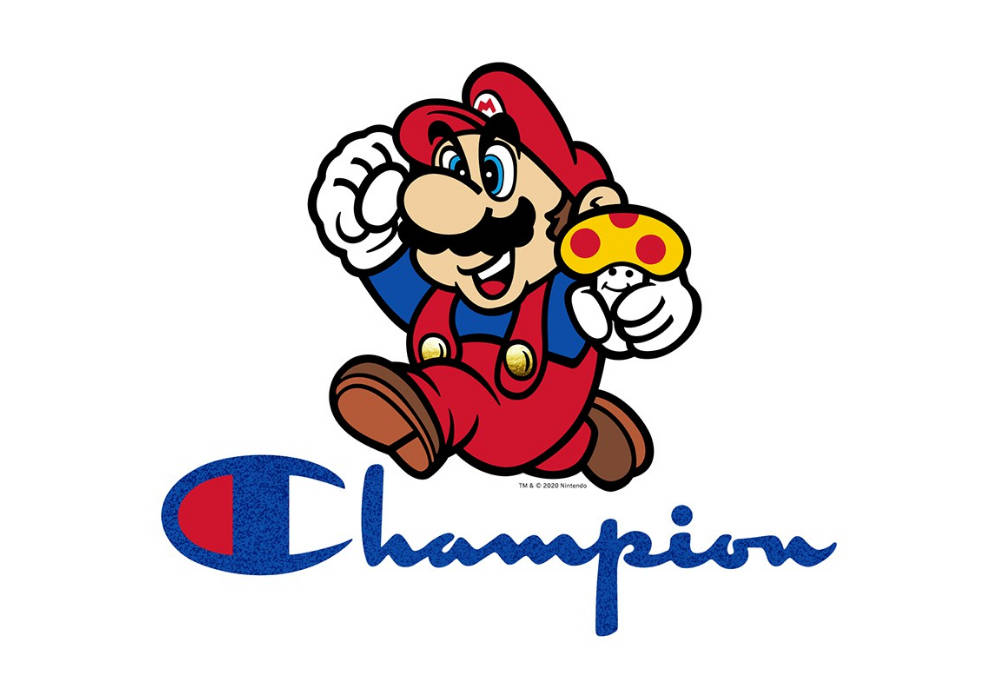 瑪利奧在Champion標誌上方拿著蘑菇