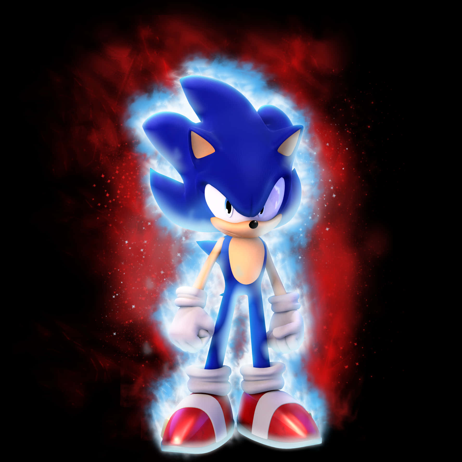 Sonic the Hedgehog 在紅色宇宙背景下發出藍色能量光芒。