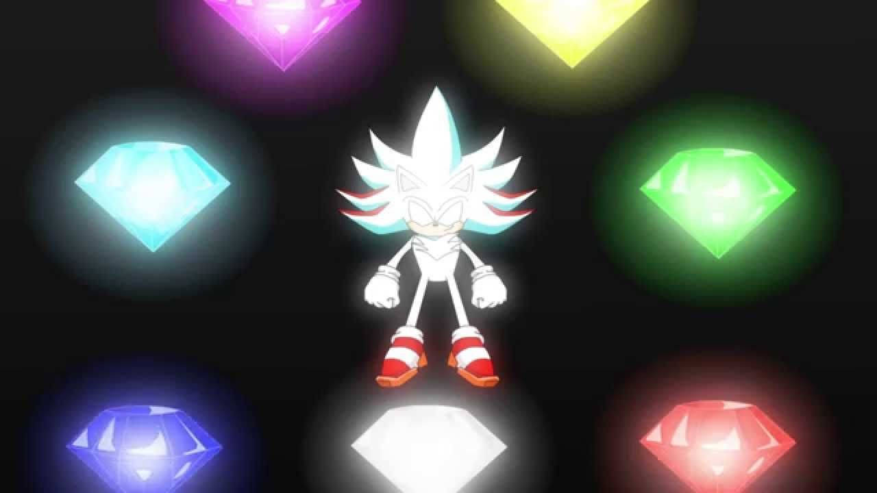 超級索尼克七顆綠寶石 壁紙 — 白色刺蝟Sonic站在黑暗背景中七顆發光彩色鑽石的正中央。
