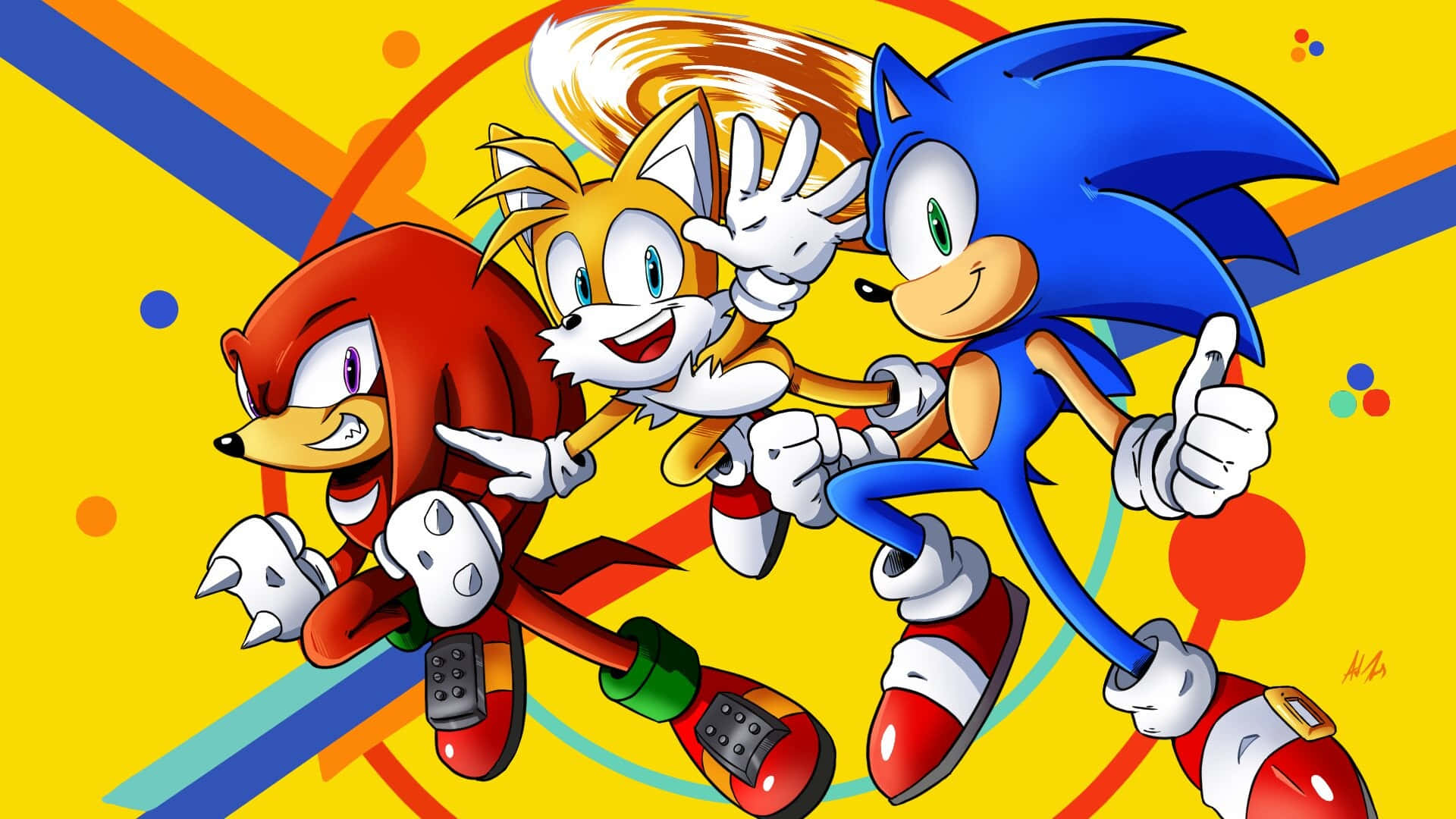 Sonic Tails 和 Knuckles 在色彩繽紛的幾何背景上豎起大拇指競速。