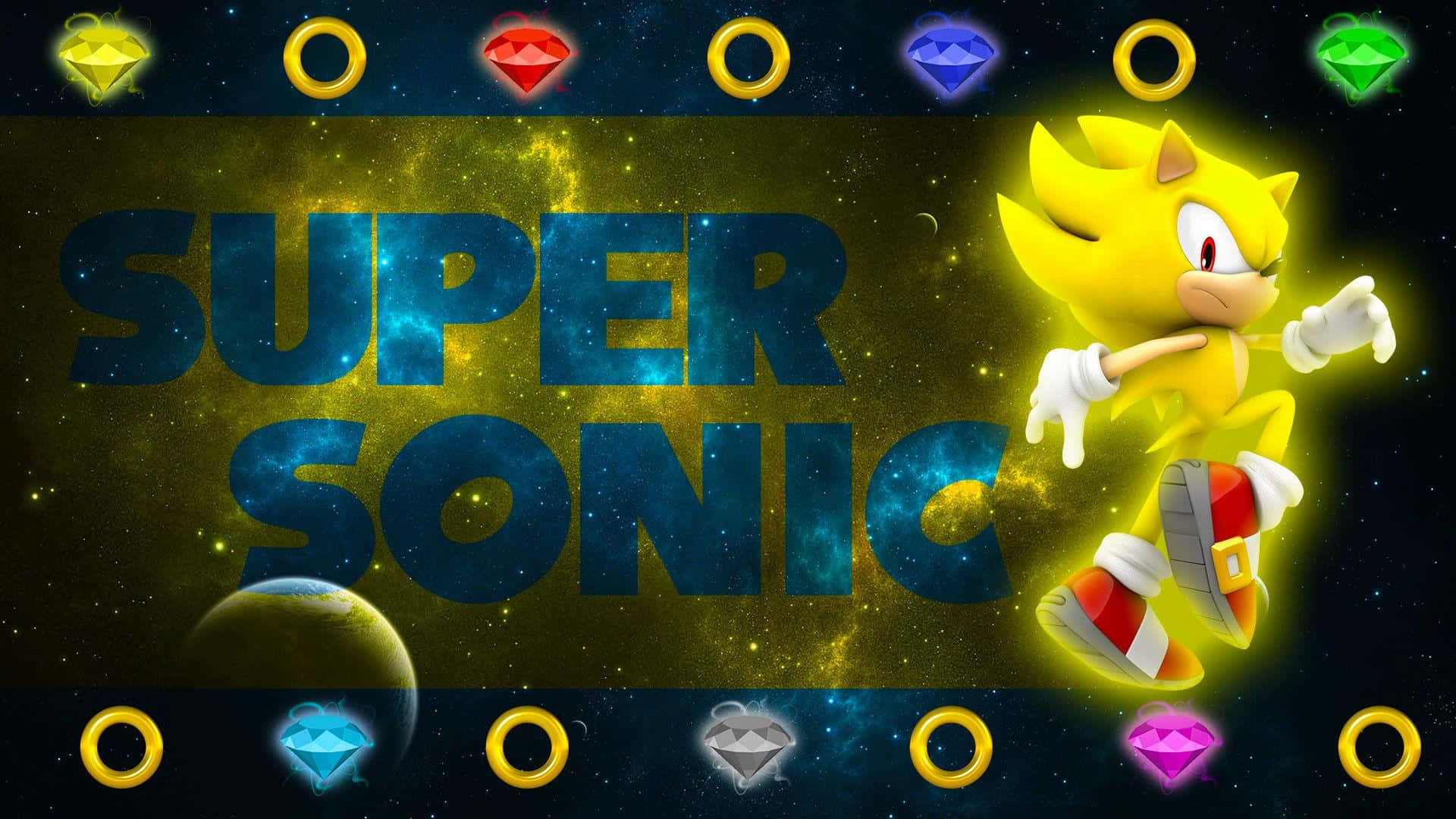 Chaos Emeralds 桌布 壁紙 — 超級索尼克在星光熠熠的星雲背景下，帶著發光的戒指和色彩繽紛的寶石衝過宇宙星系。