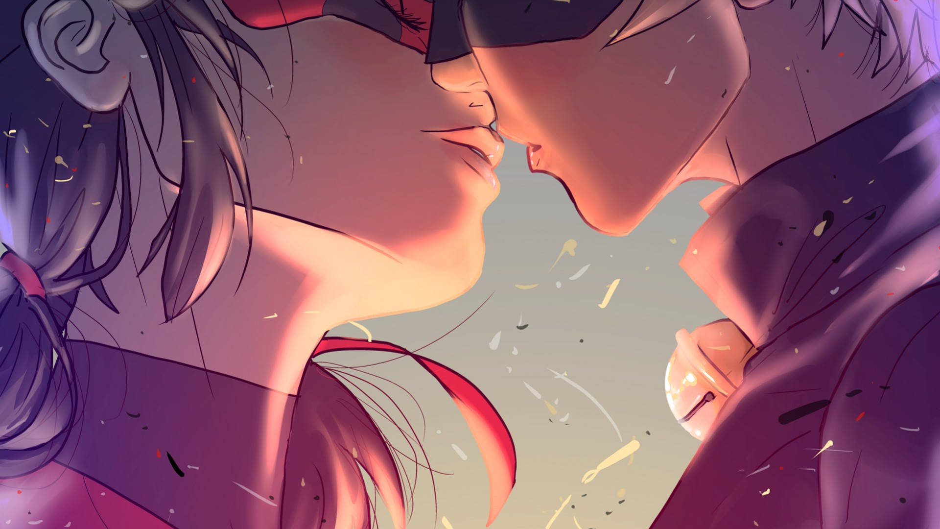 超級英雄 Ladybug 與 Cat Noir 一吻 壁紙 — 兩個戴著面具的動漫角色在溫暖發光的光線下，在飄落的五彩紙屑中傾身親吻。