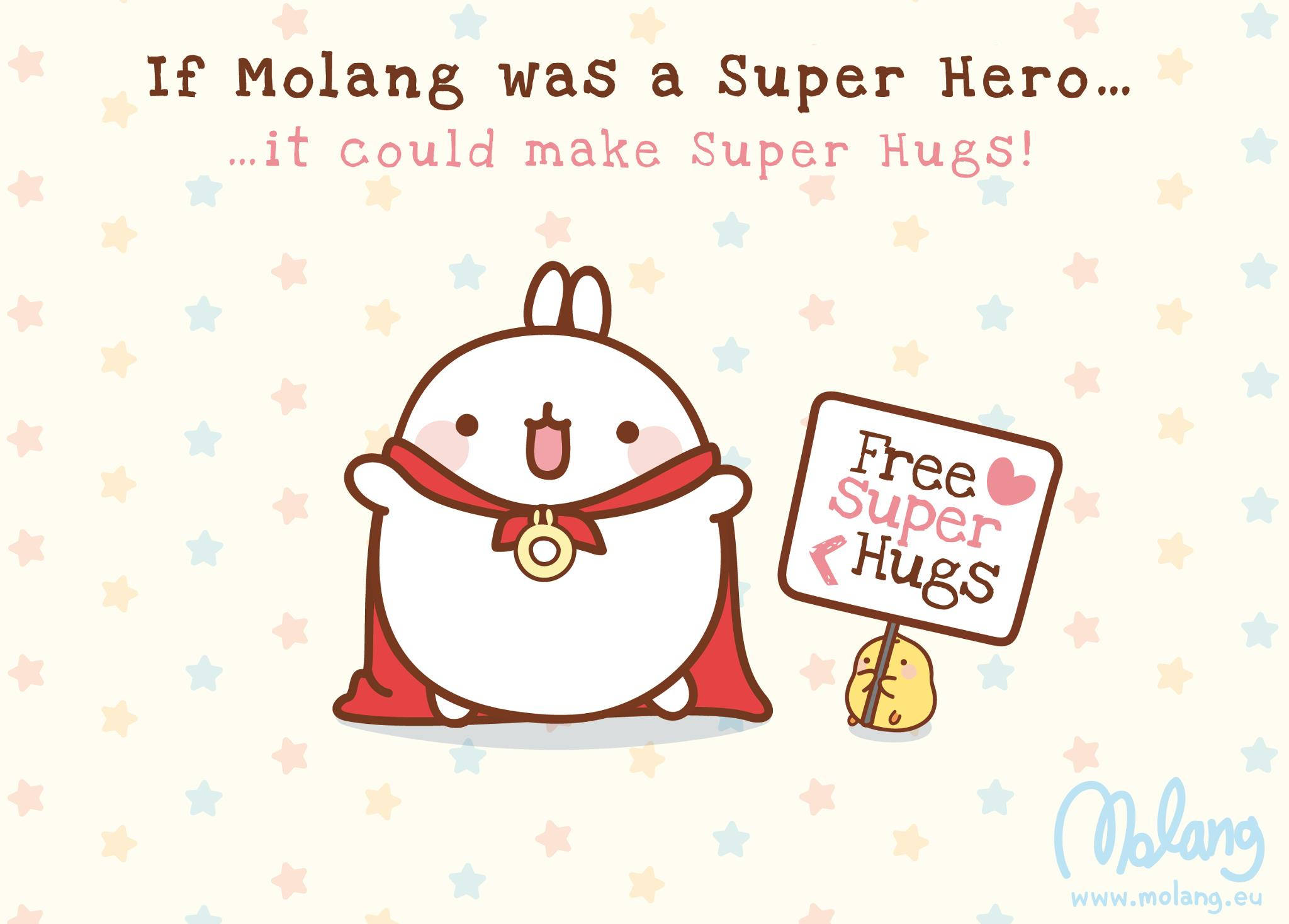 超級英雄 Molang 壁紙 — 一個可愛的白色卡通角色，披著紅色斗篷和獎章，站在粉彩星星背景前，舉著一個提供免費超級擁抱的牌子。