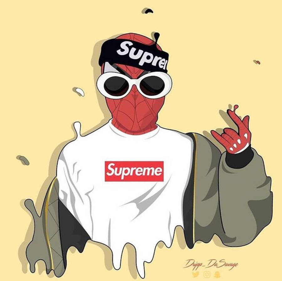 超級英雄 Supreme 蜘蛛人穿白T恤 壁紙 — 一個風格化的蜘蛛俠角色，穿著Supreme連帽衫和太陽眼鏡，在淡黃色背景前擺出一個手勢姿勢。