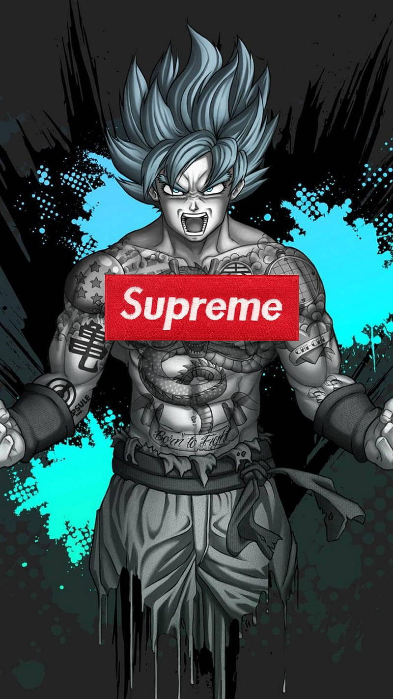 超級英雄 Supreme 龍珠悟飯紋身裸上身 壁紙 — 一個動漫風格的戰士，擁有尖刺藍色頭髮和紋身，咆哮著，紅色Supreme標誌覆蓋他的胸膛，背景是黑色和藍綠色的潑濺。