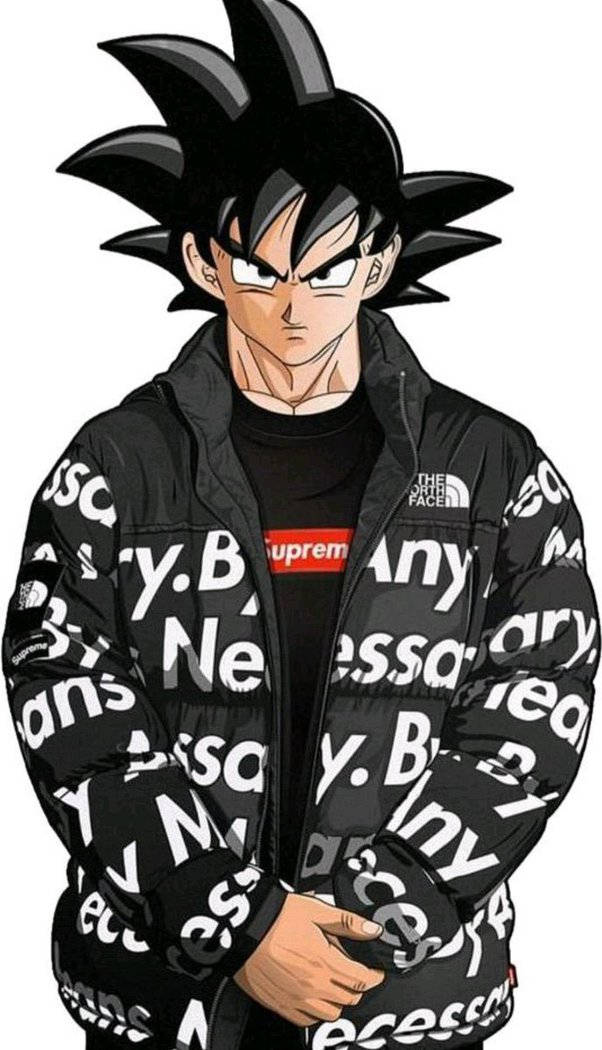 超級英雄 Supreme 龍珠悟空穿黑夾克 壁紙 — 動漫角色悟空身穿黑色羽絨外套，上有白色文字和Supreme標誌，內搭印有The North Face標誌的黑色T恤。