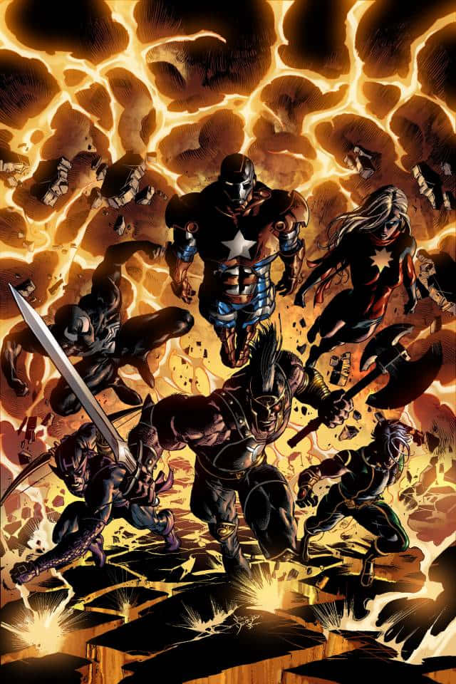 Dark Avengers 桌布 壁紙 — 超級英雄以動感姿態和爆炸性能量，在烈火燃燒的龜裂大地上戰鬥。
