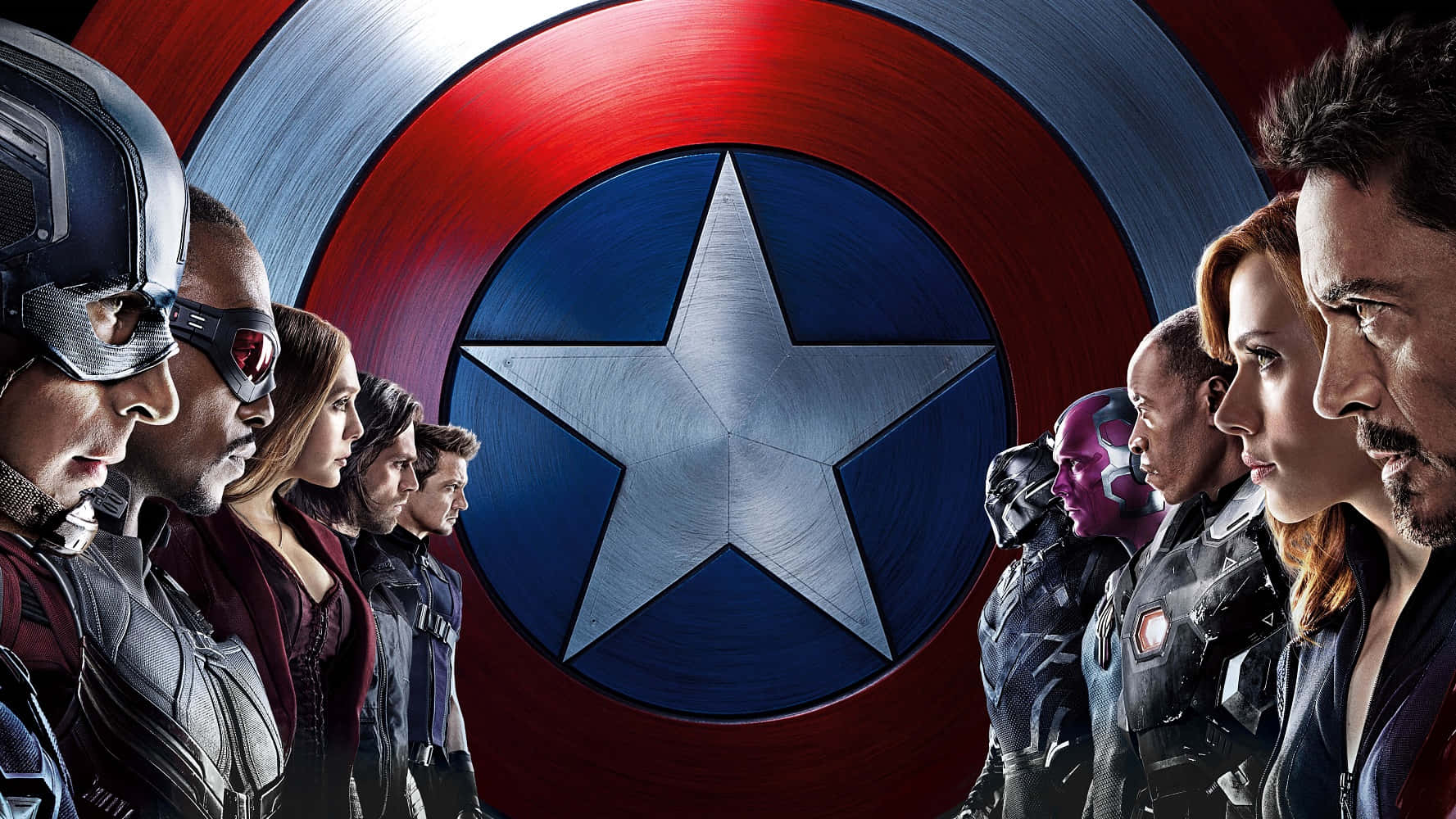Best Captain America 桌布 壁紙 — 超級英雄們緊張地排成一線互相對峙，美國隊長的盾牌在他們身後發光。