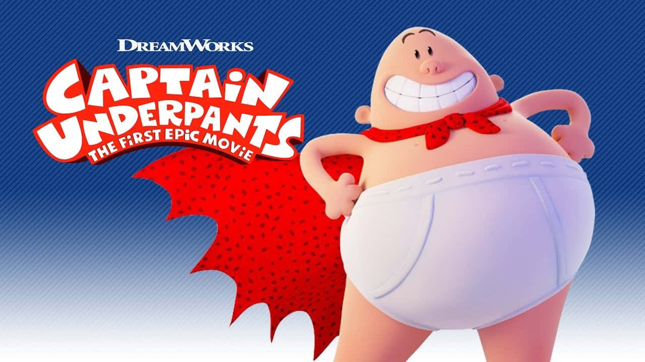 穿著白色三角褲和紅色斗篷的Captain Underpants超級英雄自豪地微笑。
