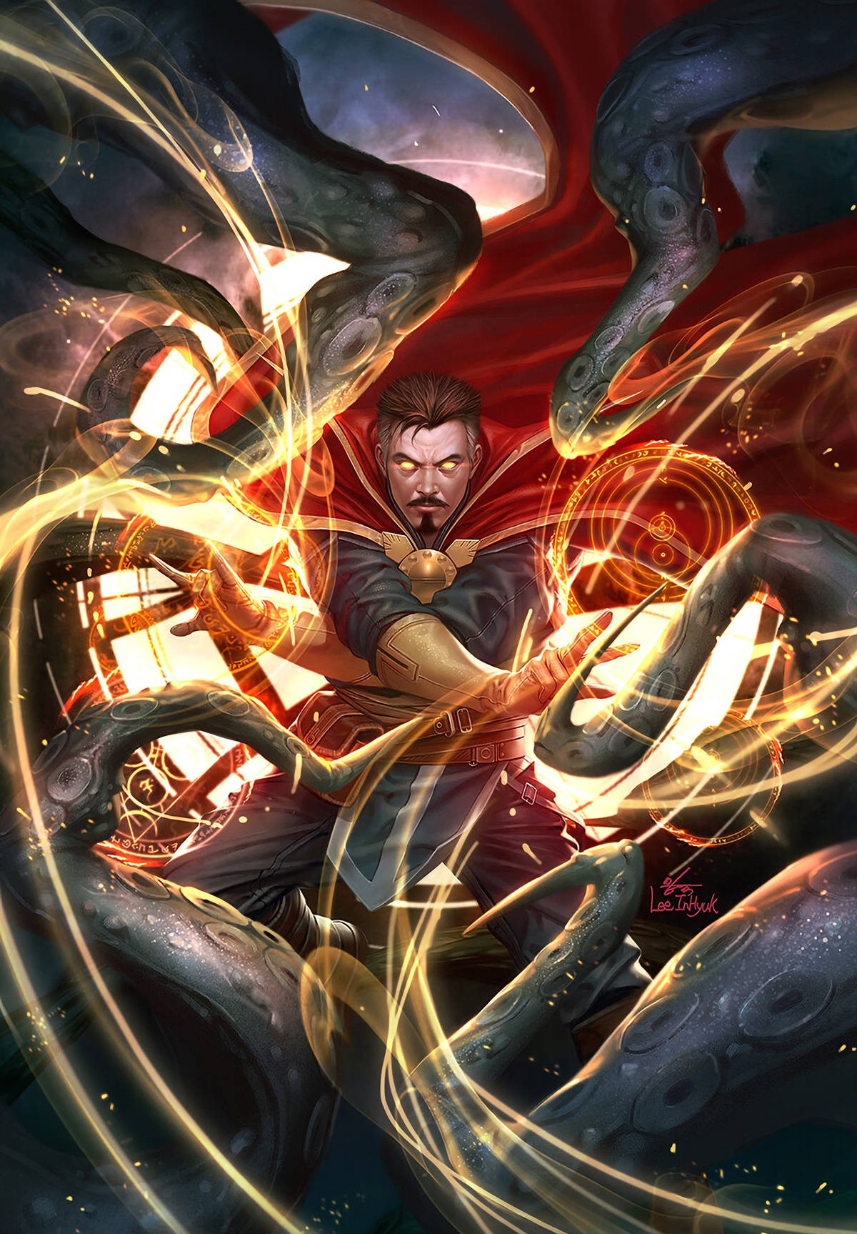 奇異博士在充滿活力的漫畫場景中運用魔法對抗黑暗觸手。