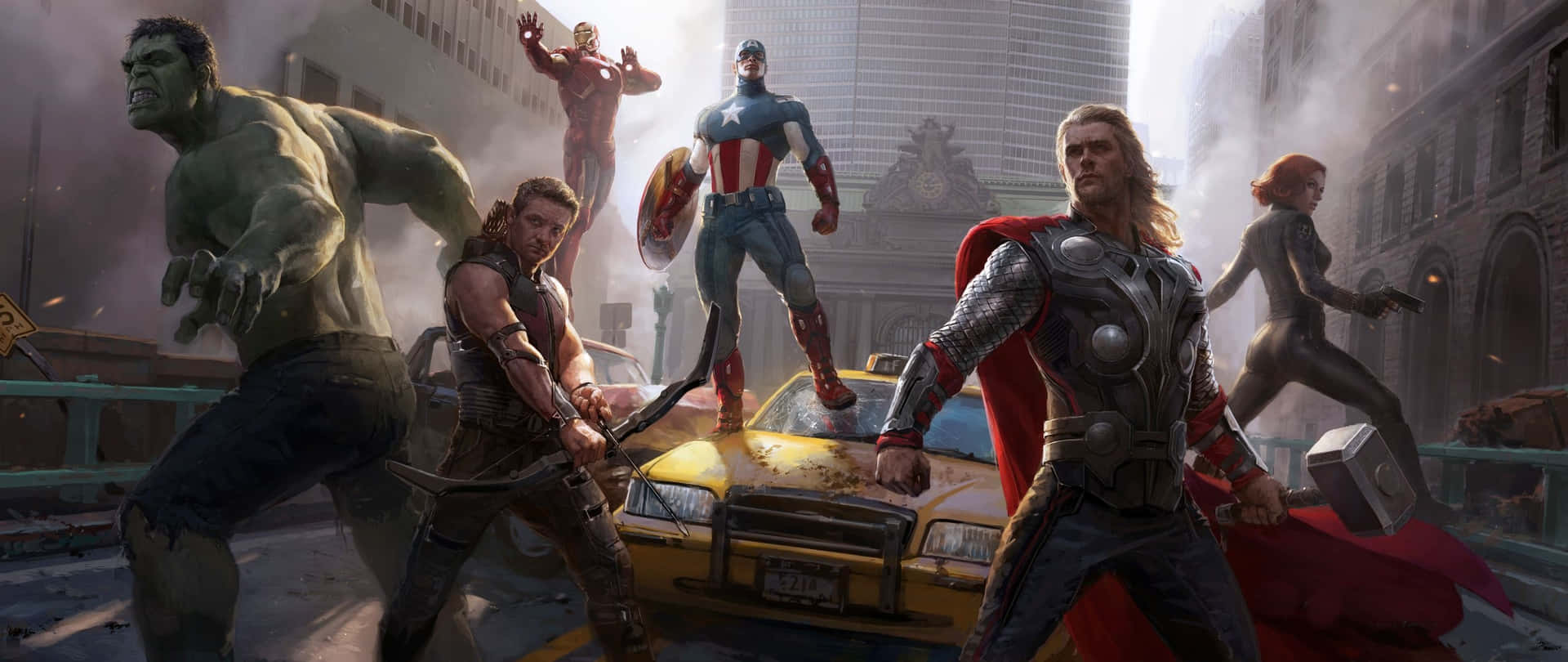 Marvel 超級英雄在被毀壞的街道上與黃色的士戰鬥。