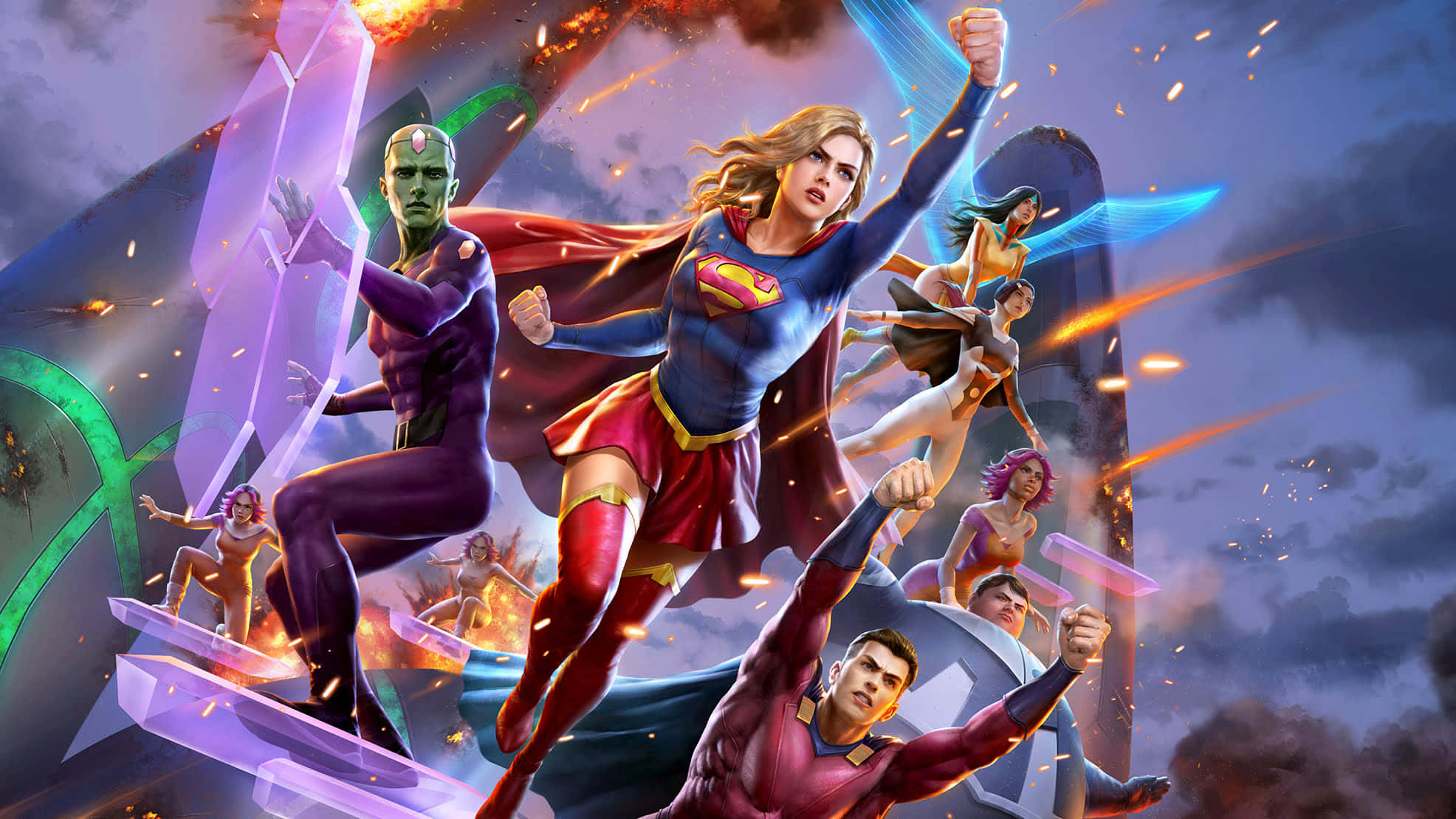 heroes 桌布 壁紙 — 超級英雄在動態的天空場景中戰鬥，帶有發光的能量效果和飛行角色。