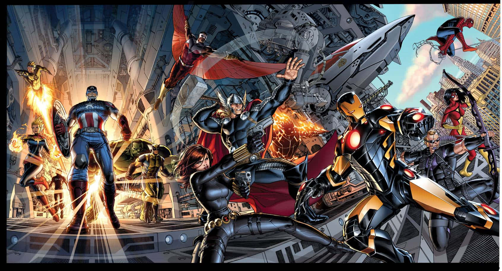 New Avengers 桌布 壁紙 — 超級英雄在明亮的天空下，於充滿爆炸和飛行角色的城市景觀中戰鬥。