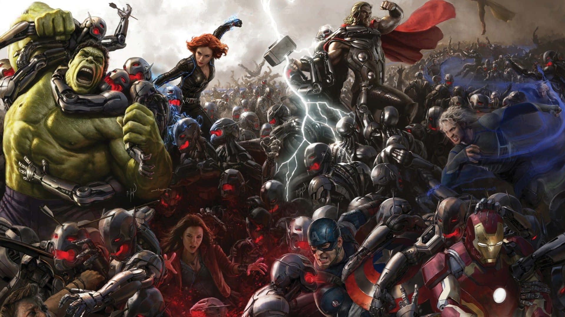 New Avengers 桌布 壁紙 — 超級英雄在混亂、充滿閃電的戰場上與機械敵人戰鬥，表情強烈，姿勢動感。