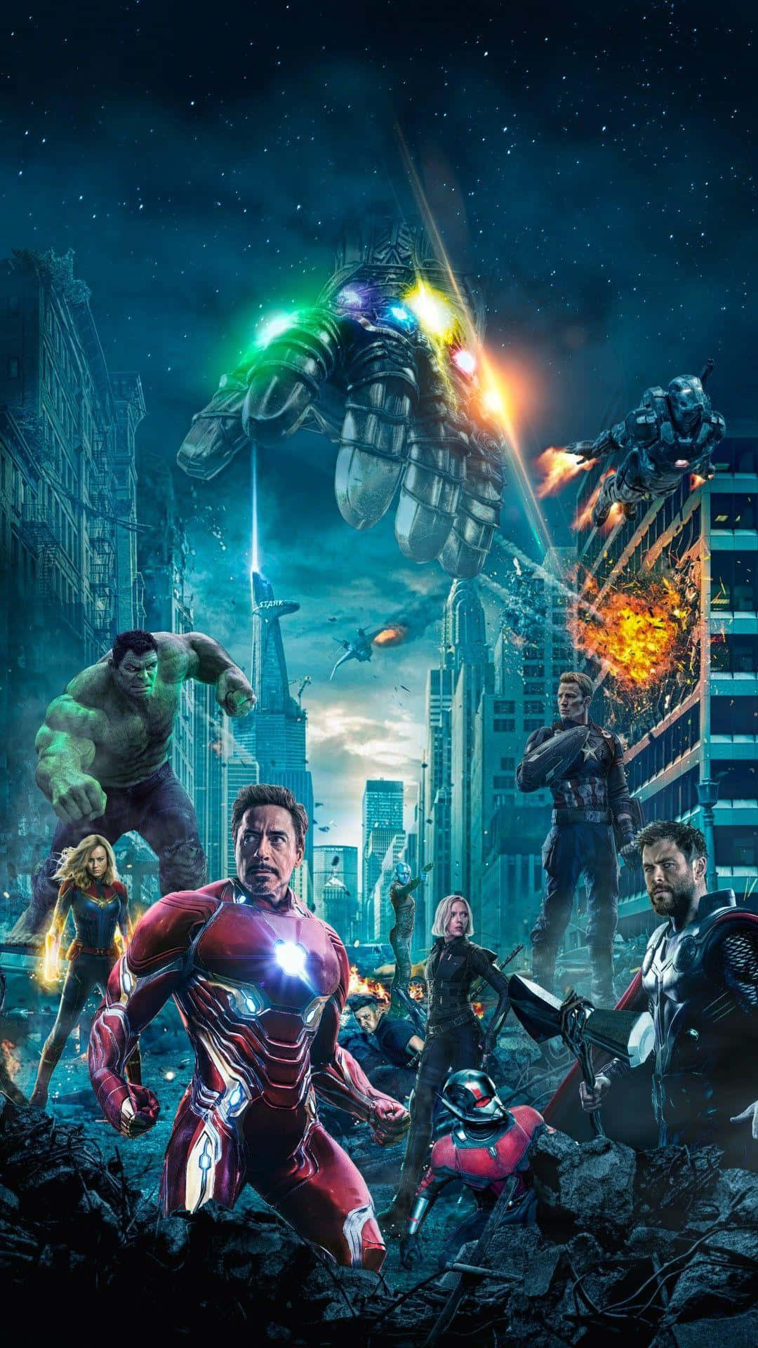 Endgame 桌布 壁紙 — 超級英雄在繁星點點的夜空下，於破碎的城市上空與外星入侵者戰鬥。
