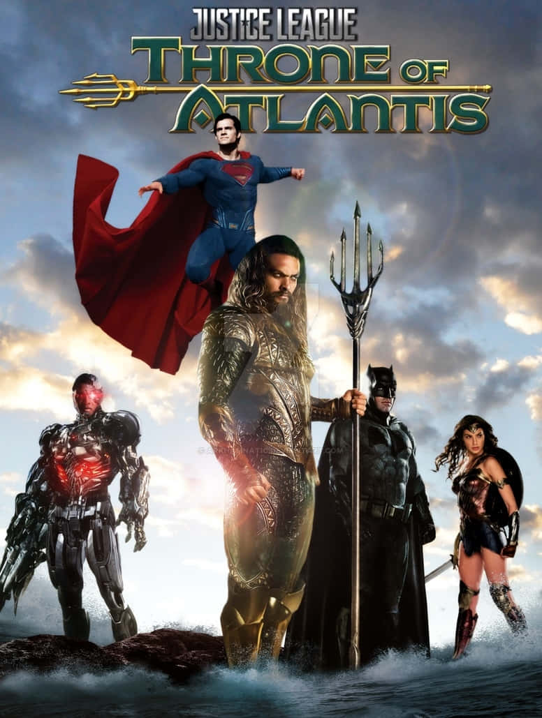 Justice League Throne Of Atlantis 桌布 壁紙 — 超級英雄在風暴水域中挑釁地站立，天空戲劇性，超人飛越手持三叉戟的水行俠之上。