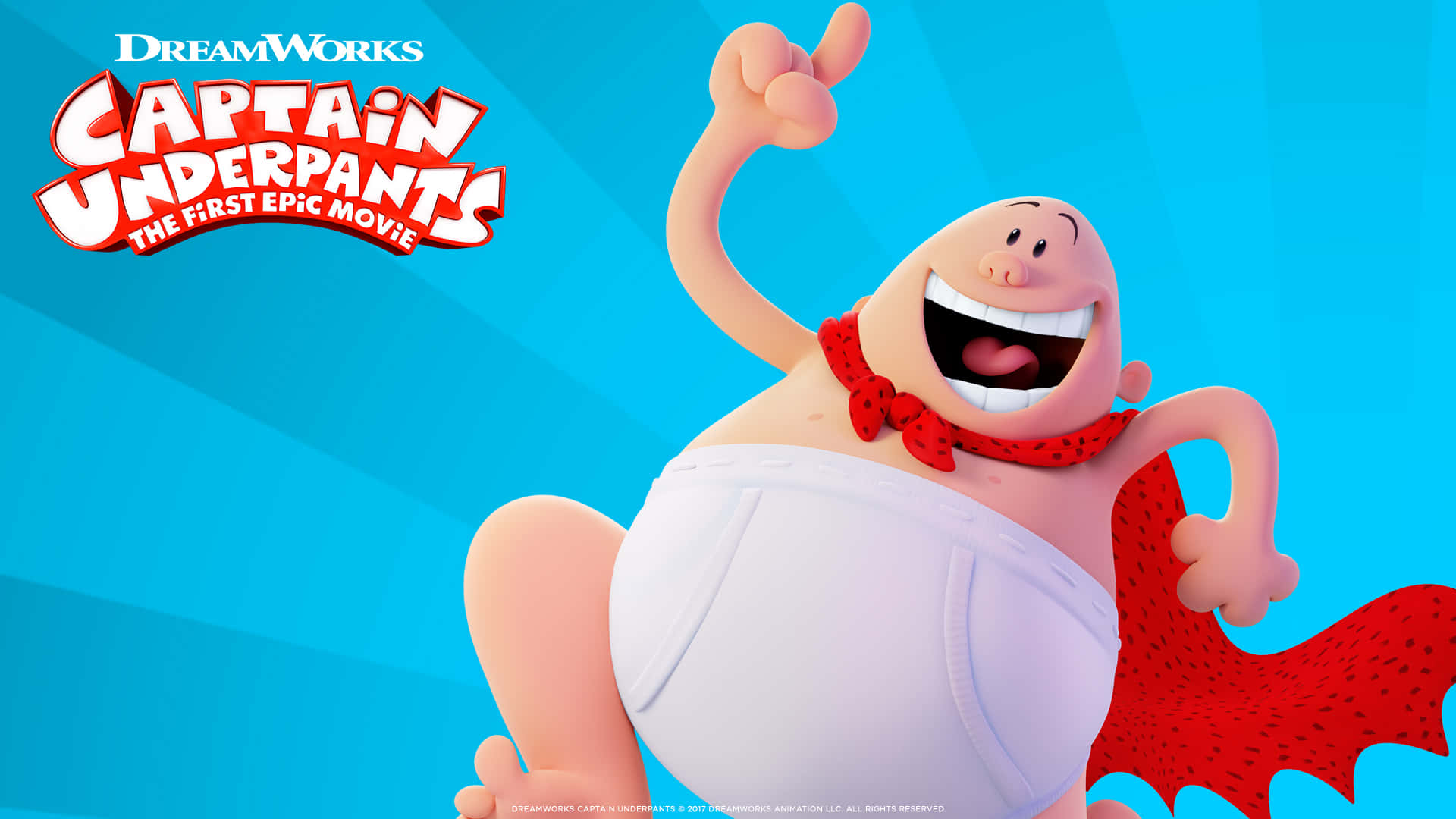 Captain Underpants 穿著白色內褲和紅色斗篷，微笑著舉起一根手指。