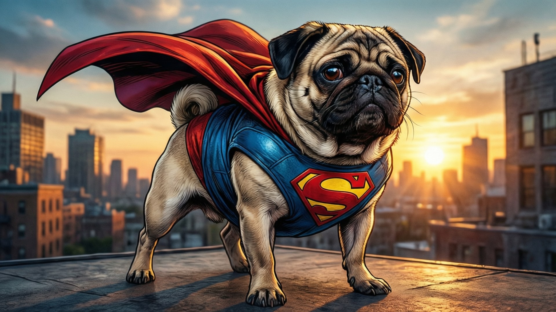 超級英雄巴哥犬 壁紙 — 一隻穿著超人服裝的哈巴狗英雄地站在屋頂上，夕陽正落在城市天際線。