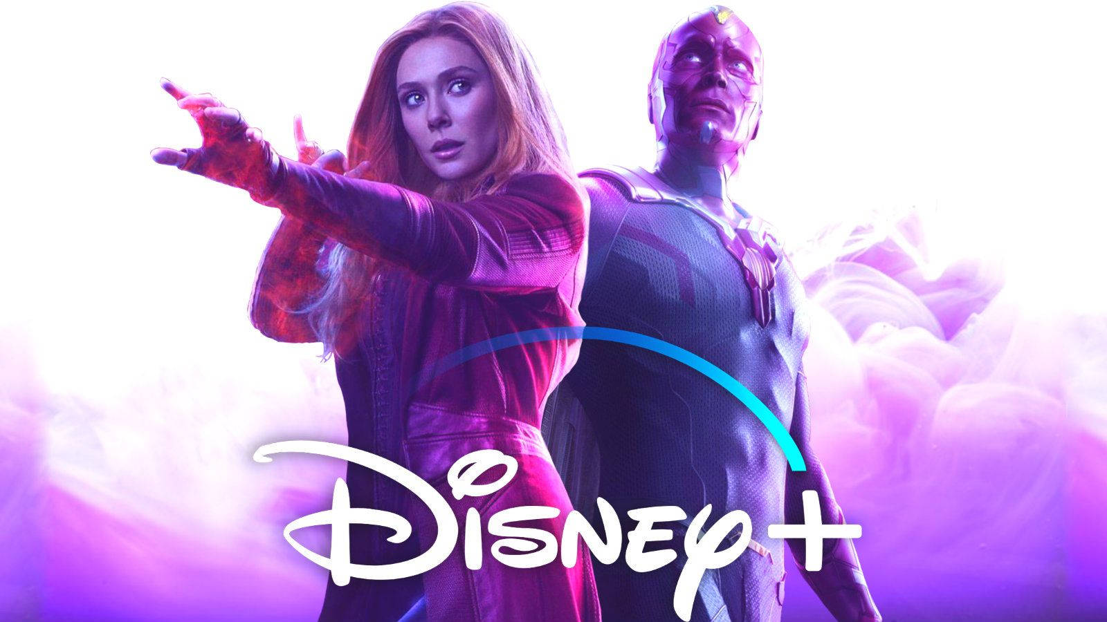 緋紅女巫和幻視以超級英雄姿勢站立，帶有Disney+標誌
