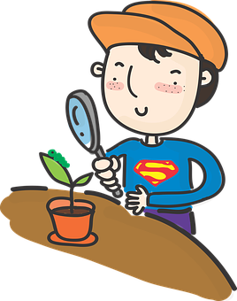 超級英雄男孩在花園裡種花的卡通畫面