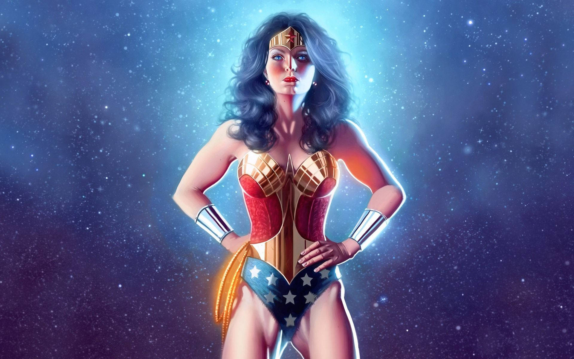 神奇女俠穿著經典服裝，站在星光燦爛的太空背景前。