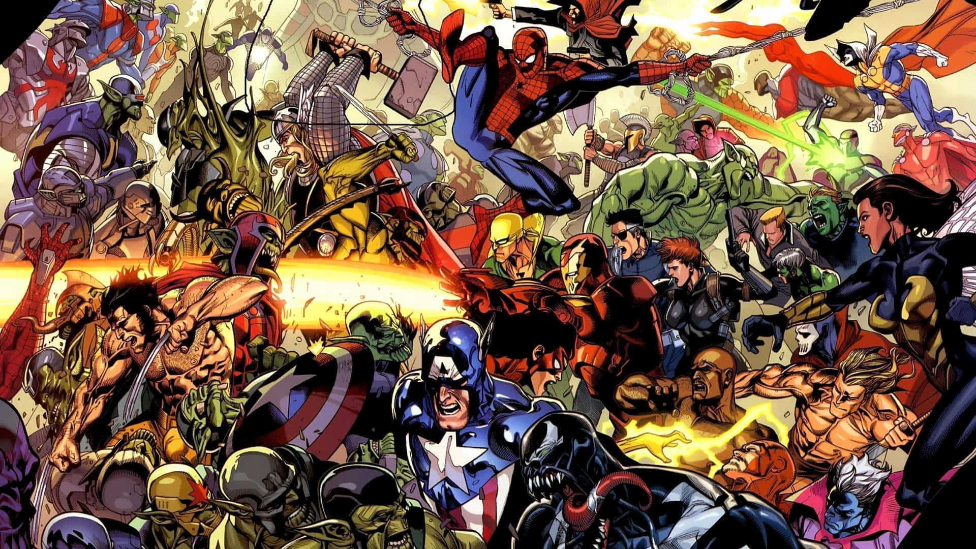 Mcu Characters 桌布 壁紙 — 超級英雄與反派在混亂戰鬥中充滿爆炸性能量效果的動態漫畫插圖。