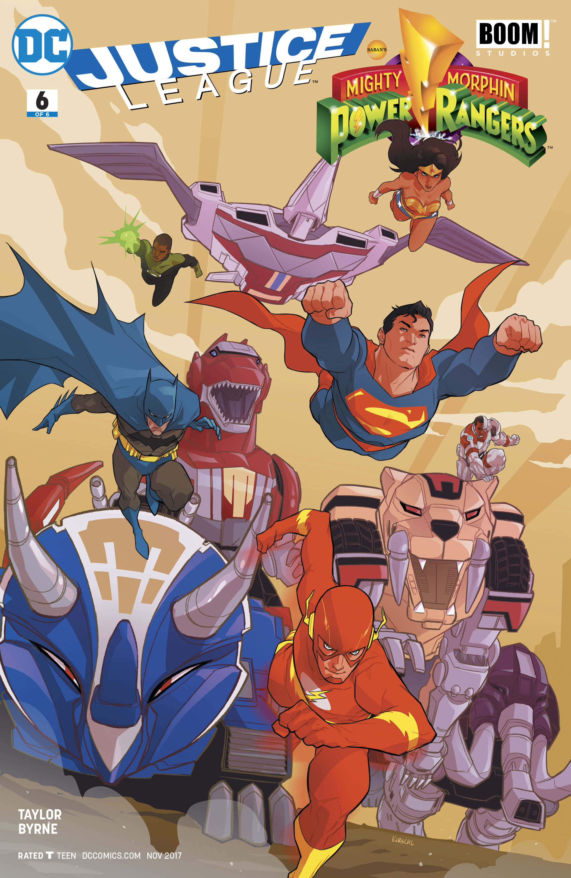 Justice League Doom 桌布 壁紙 — 超級英雄與金剛戰士在充滿動感的漫畫封面上聯手，色彩大膽，動作姿勢十足。