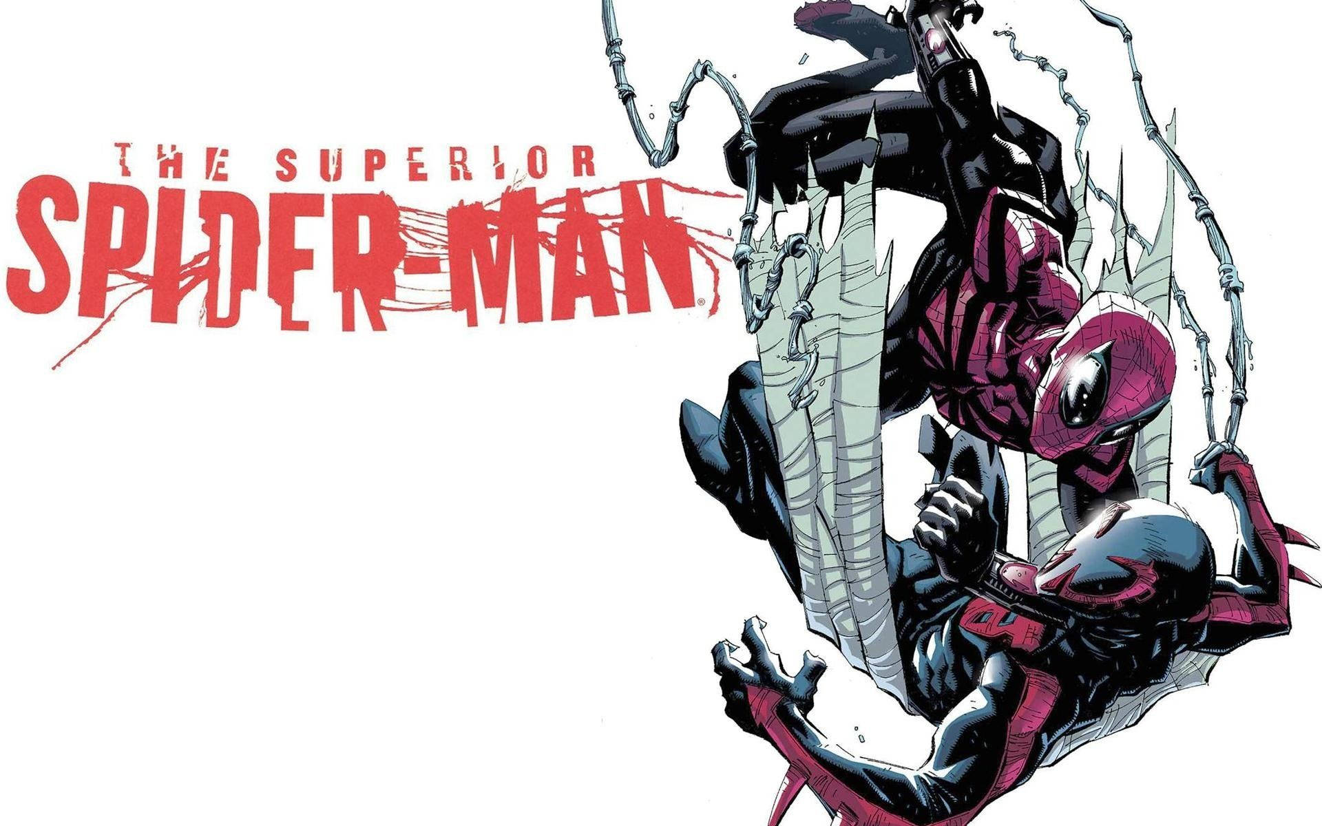 超級蜘蛛人漫畫場景與官方標誌 壁紙 — Superior Spider-Man 在純白背景下，用蜘蛛絲在空中動態擺盪。