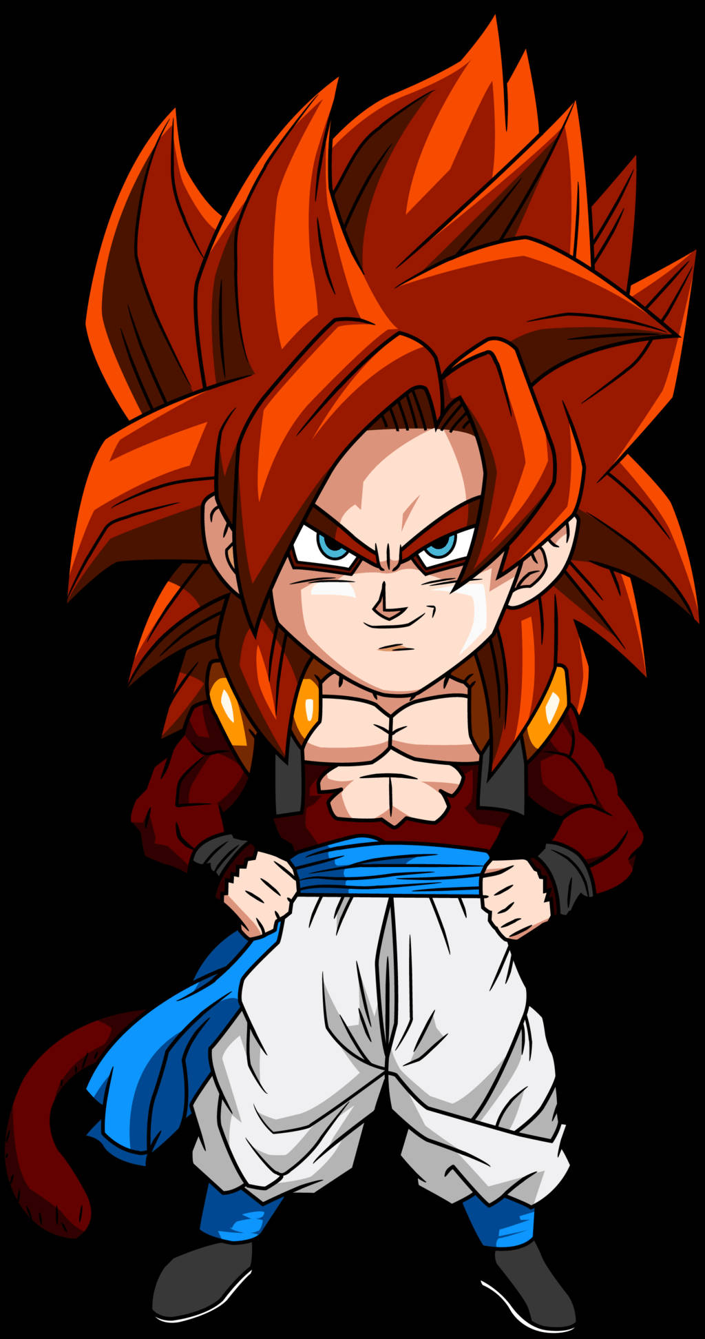 超級賽亞人4悟吉塔Q版 壁紙 — Chibi Goku 以超級賽亞人神形態，擁有火熱的橙色頭髮和強烈的藍色眼睛，自信地站在黑色背景前。