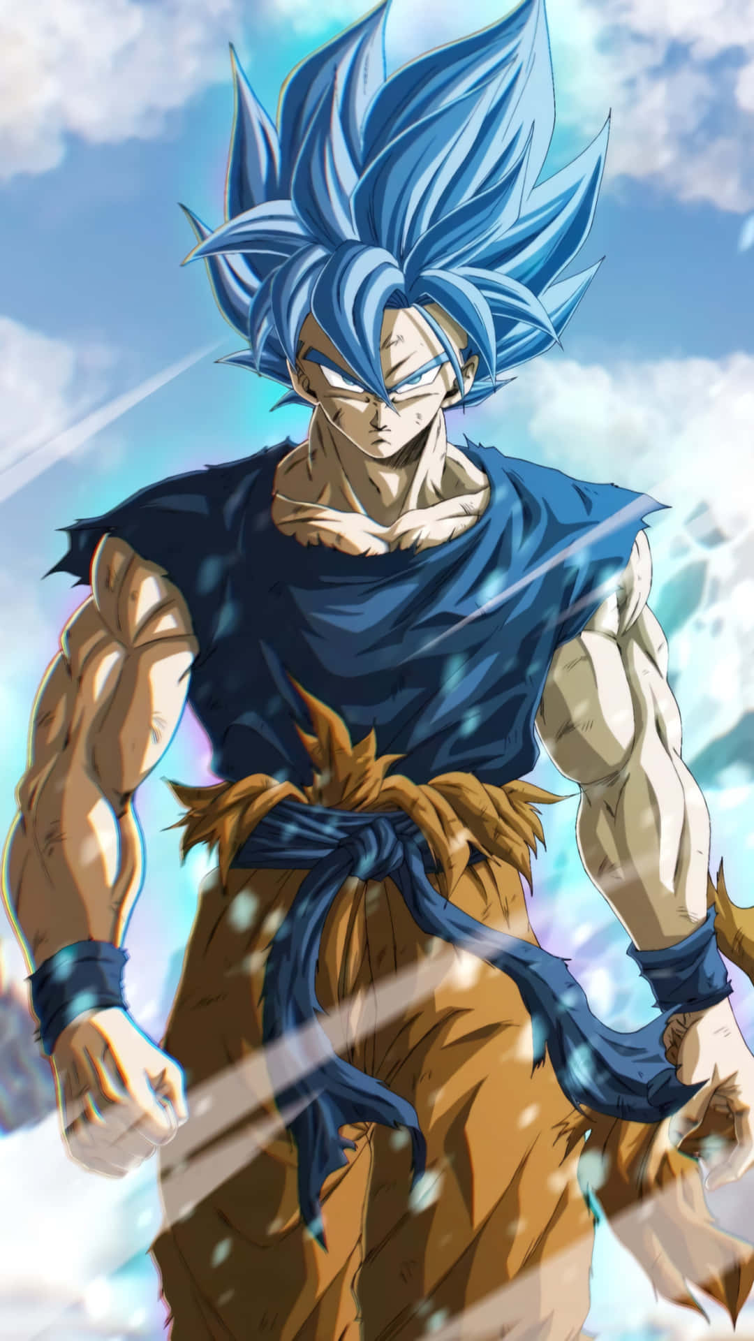 藍髮且眼睛發光的動漫角色，擺出動態的戰鬥姿勢。 — 悟空 壁紙