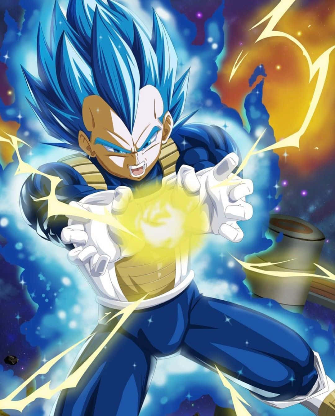 Vegeta's Final Flash 桌布 壁紙 — 超級賽亞人藍形態的比達在宇宙星空背景下釋放發光的黃色能量爆炸。