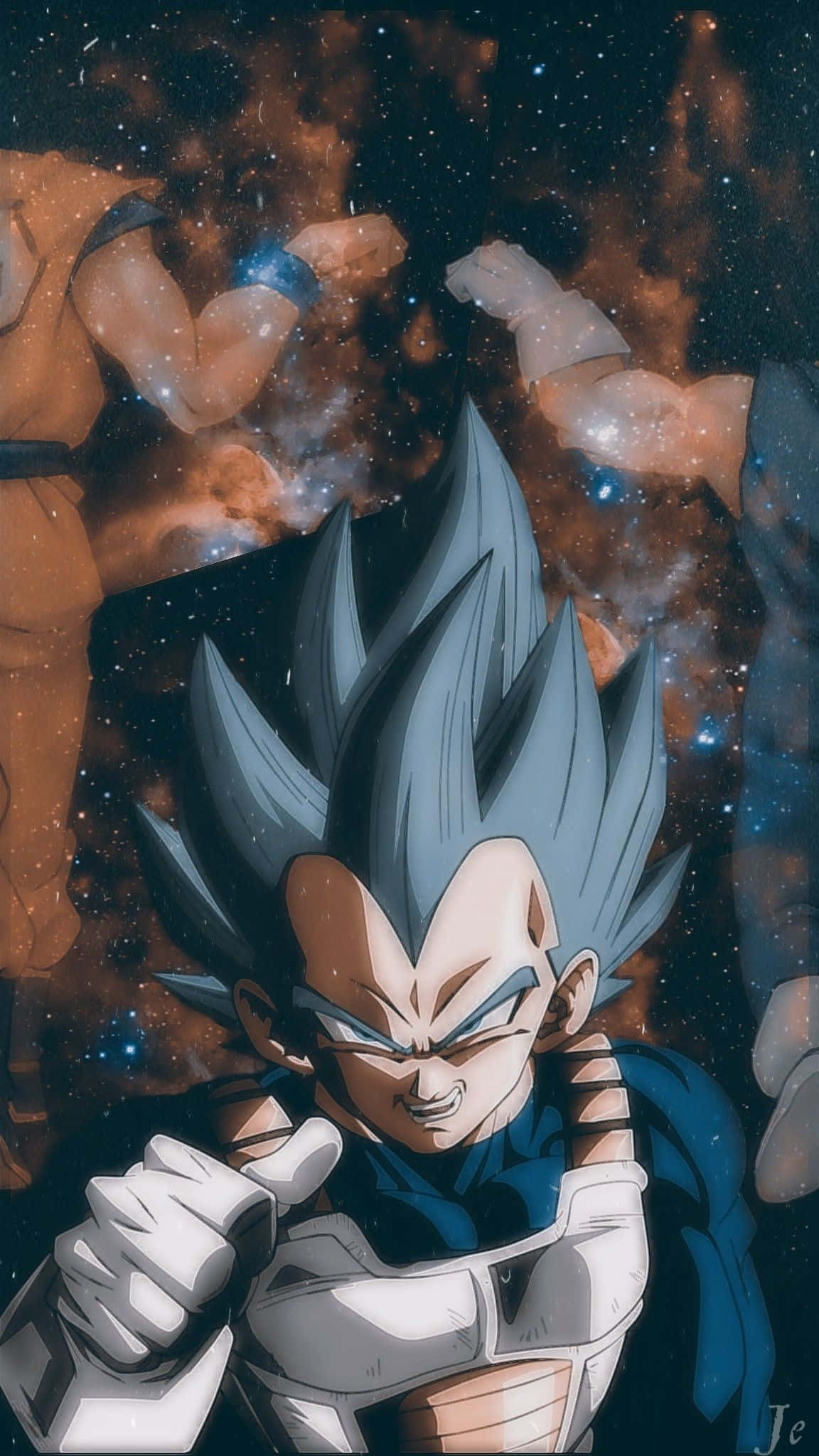比達 桌布 壁紙 — 超級賽亞人藍形態的比達在宇宙星雲背景下，伴隨著閃爍的星星和旋轉的橙色雲朵，向前揮拳。