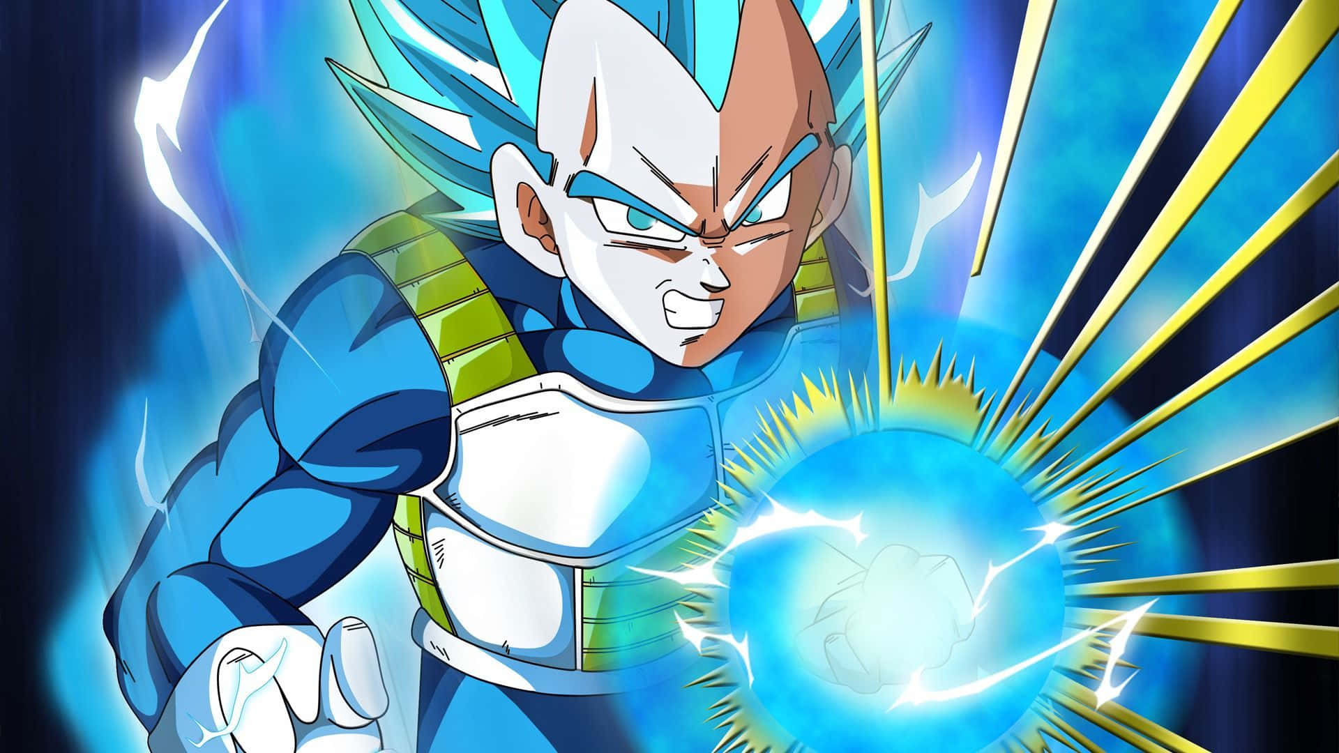 Vegeta Super Saiyan 桌布 壁紙 — 超級賽亞人藍狀態的比達，在動態藍金背景前，專注地凝聚發光的藍色能量球。