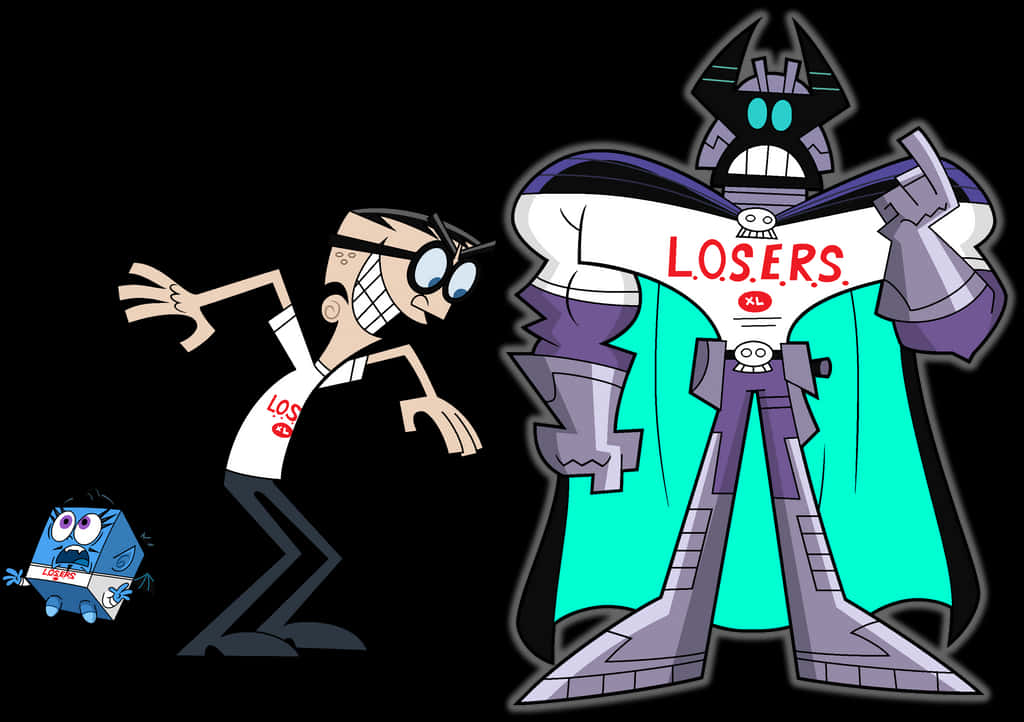 卡通男子和機械人反派穿著「Losers」T恤，還有一個受驚的藍色生物。