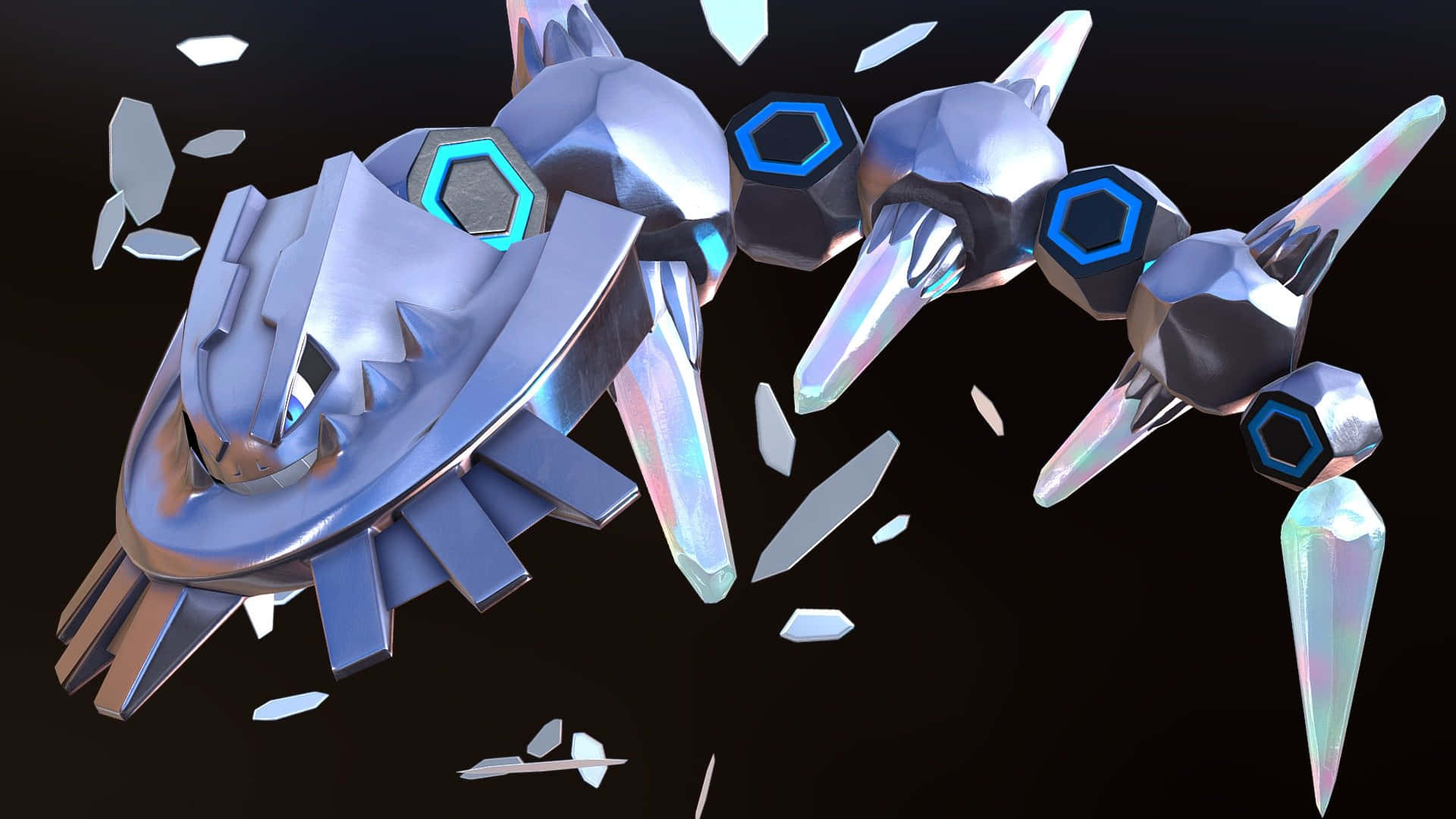 超級鋼鐵巨龍3D藝術作品 壁紙 — 一個時尚的銀藍色未來機甲，帶有發光的六邊形眼睛和漂浮在黑色背景上的水晶碎片。