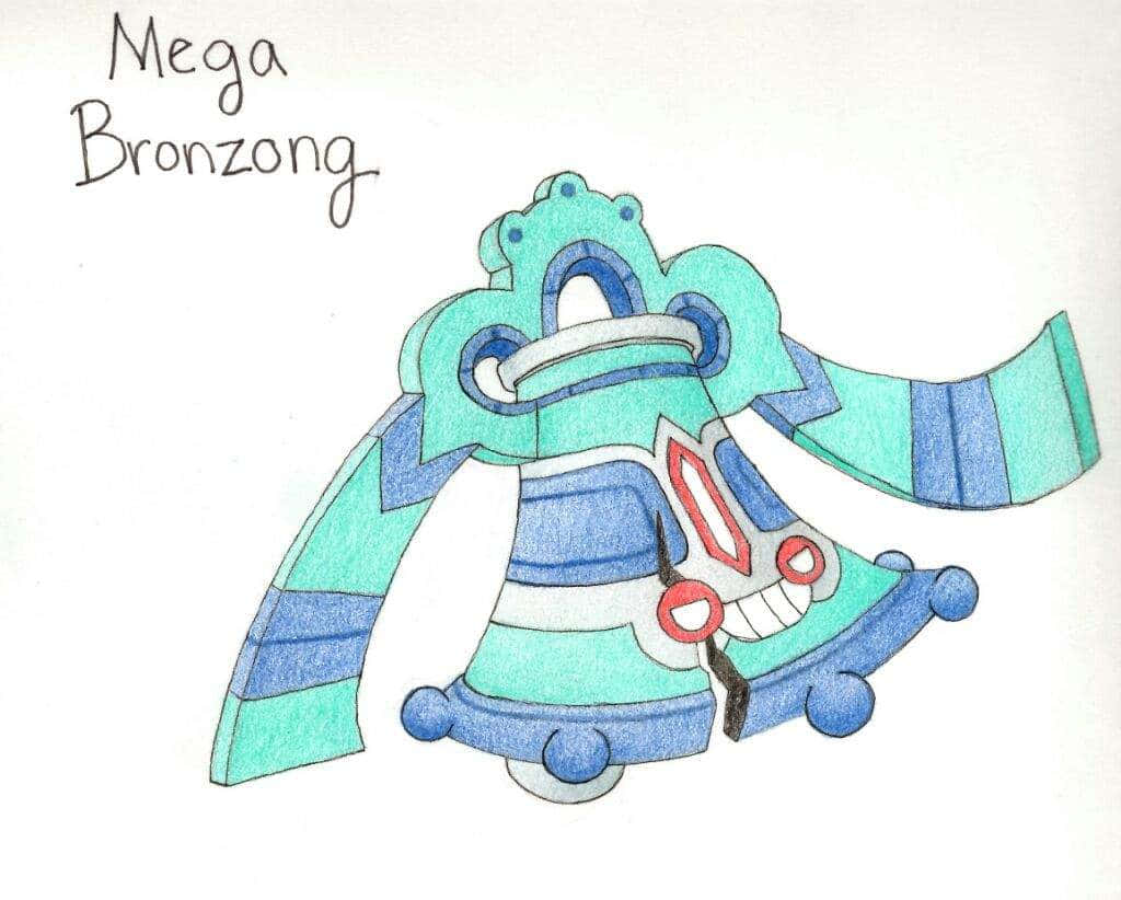 超級鑄鐵鋼琴概念圖 壁紙 — 在純白色背景上手繪的 Mega Bronzong 插圖，帶有青藍色條紋和紅色點綴。