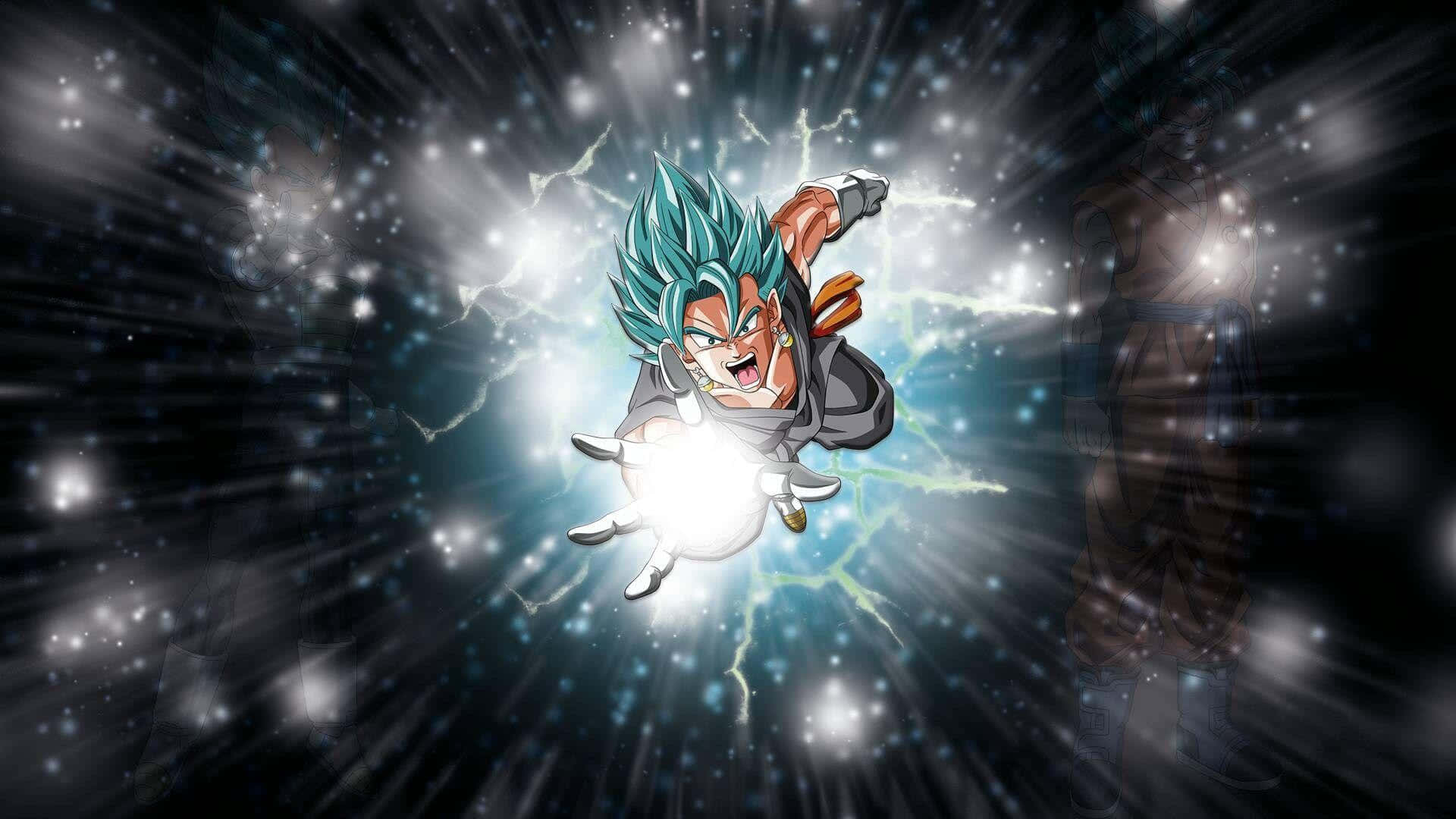 超級龍珠的驚天對決 壁紙 — 藍髮動漫角色在星空宇宙背景下釋放出發光的能量爆炸。