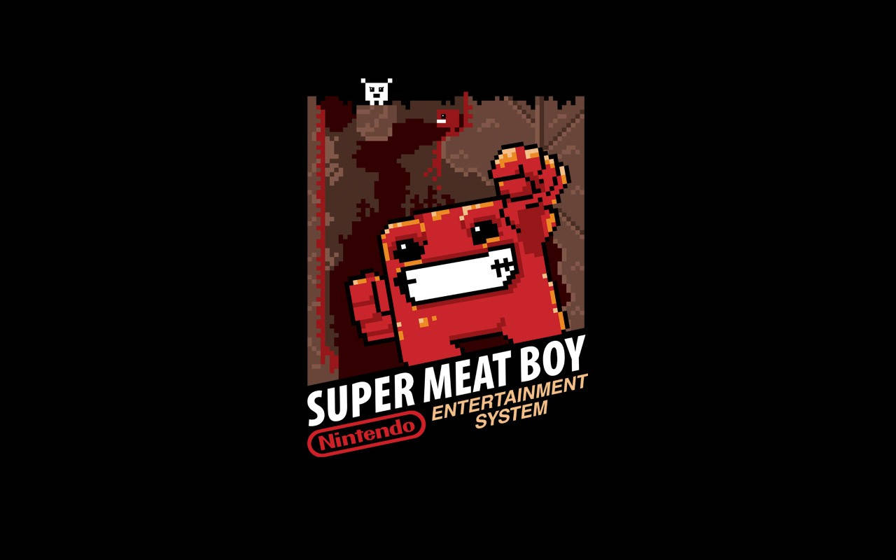 超肉男孩任天堂遊戲 壁紙 — 一個像素化的紅色肉男孩咧嘴大笑，站在血腥的地牢中，模仿任天堂娛樂系統的遊戲標誌。