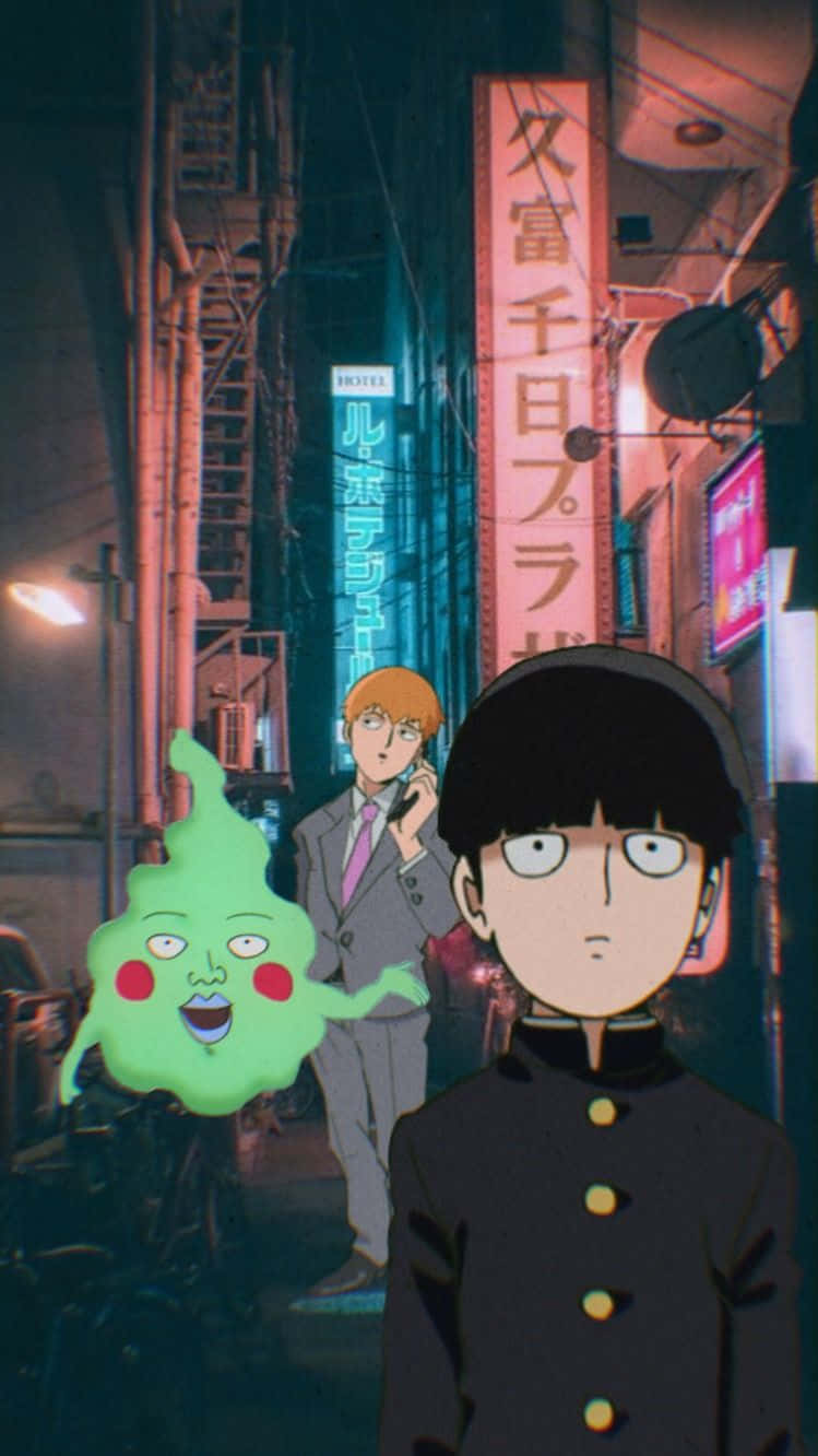 《超能力者100》動畫畫面 壁紙 — 兩個動漫角色站在夜晚霓虹燈閃爍的東京小巷中，旁邊有發光的招牌和一個綠色的幽靈般的身影。