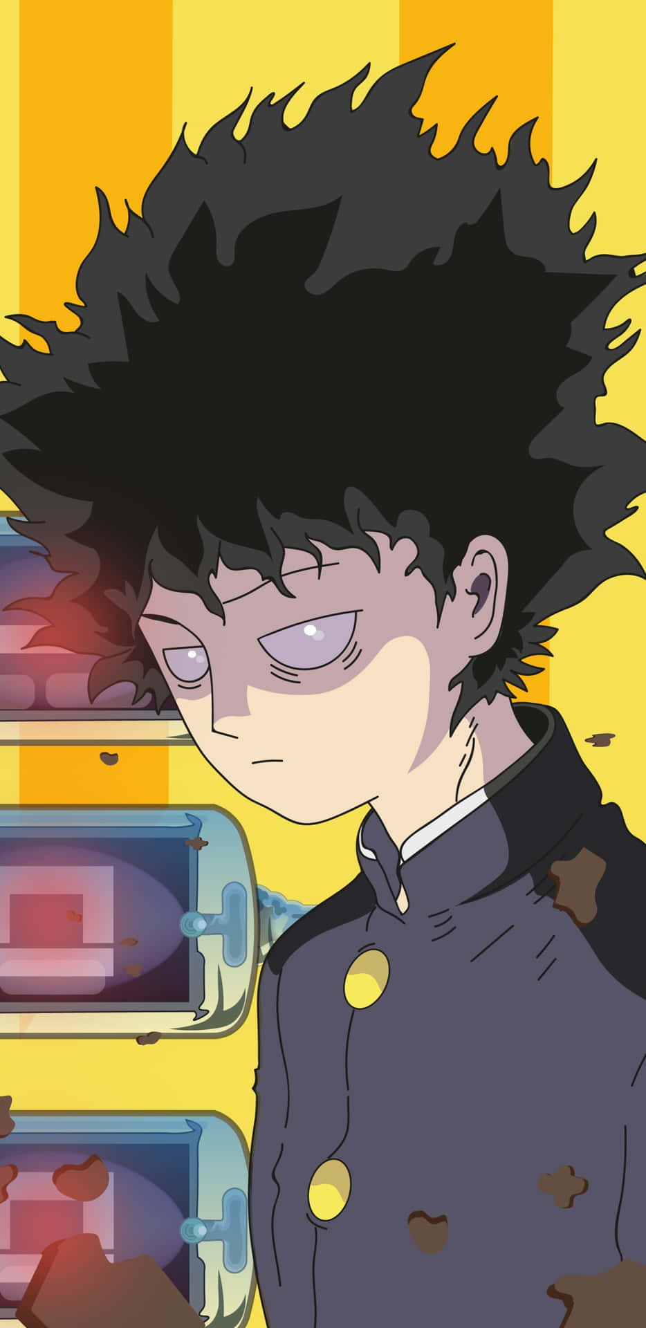 《超能力者100》搞笑畫面 壁紙 — 一個頭髮尖刺的動漫男孩穿著深色外套，站在充滿活力的黃色條紋背景前，周圍有發光的屏幕。