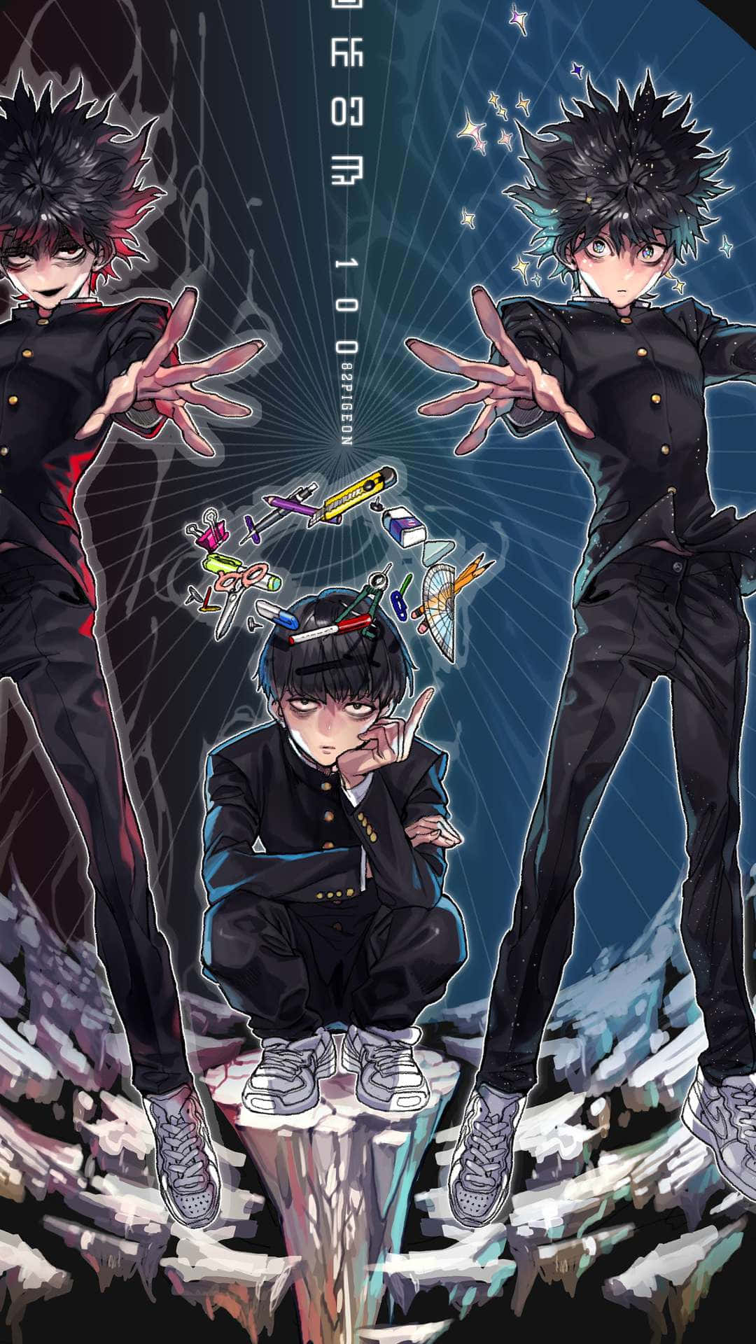 《超能力者100》漫畫系列畫面 壁紙 — 三個穿著黑色校服嘅動漫男仔企喺爛咗嘅石屎上面，背景係藍色星空同漂浮嘅武器。