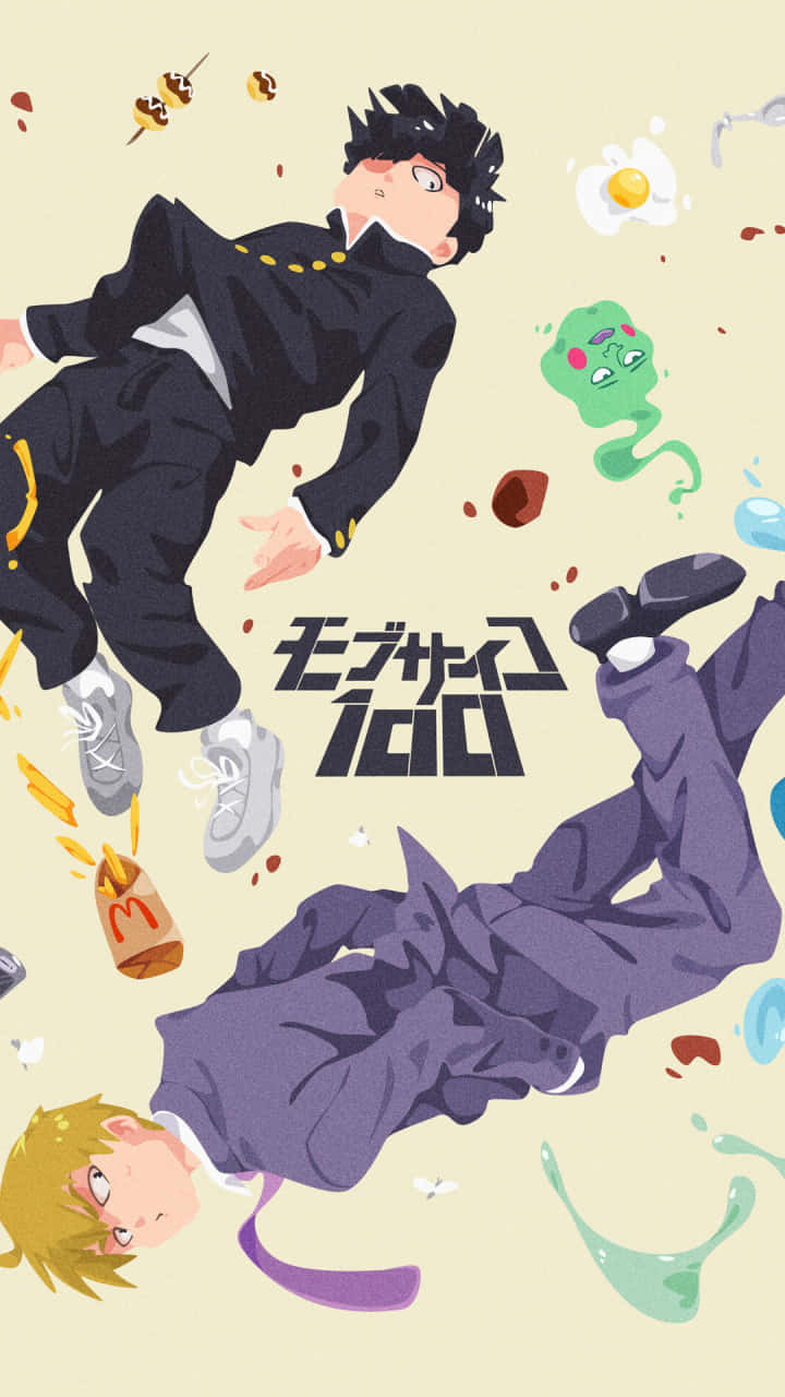 《超能力者100》畫面 壁紙 — 兩個穿著校服的動畫男孩在淡黃色背景上漂浮在飛翔的食物和黏糊糊的黏液之間。