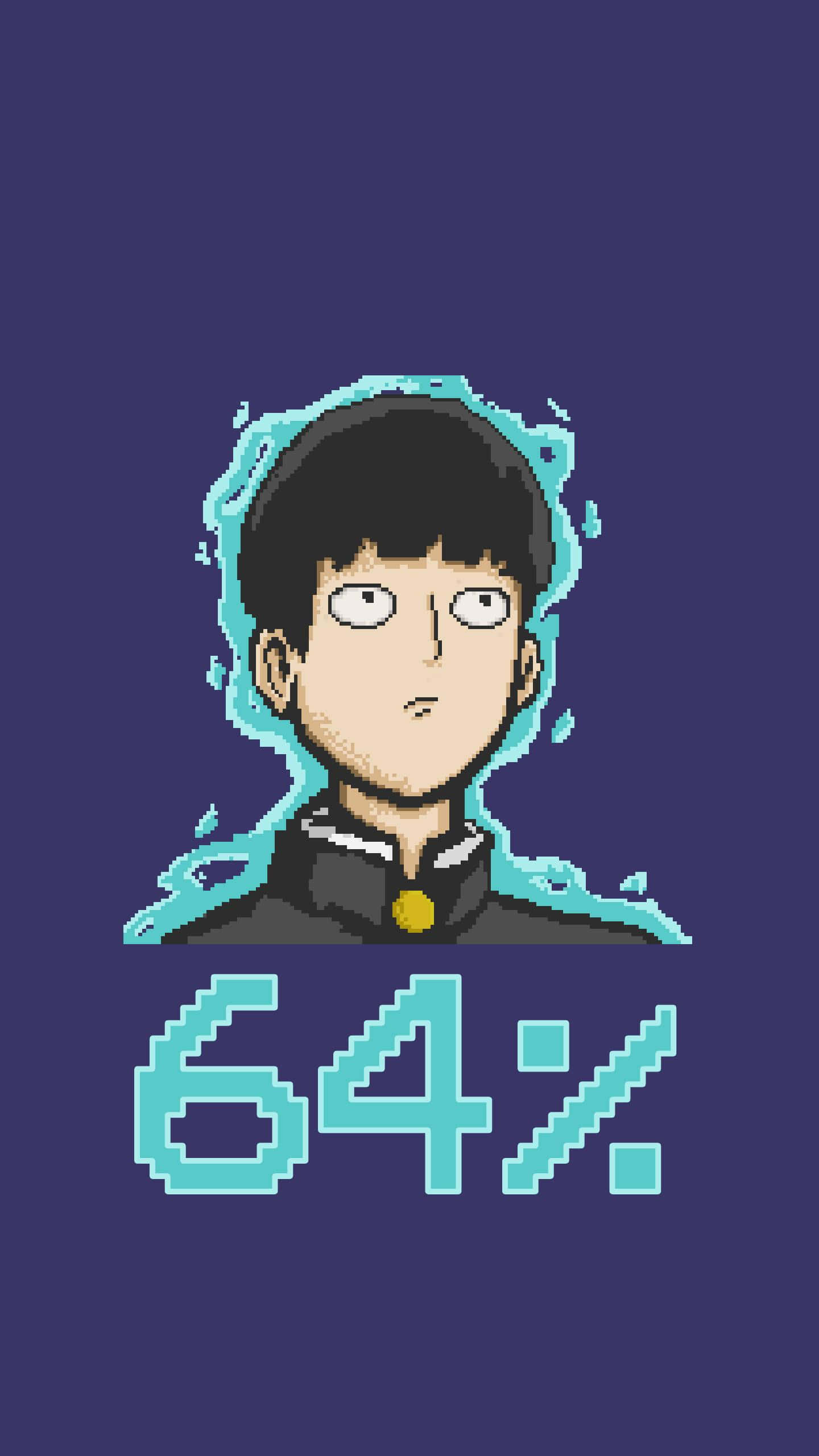 《超能力者100%》角色志賀的iPhone壁紙 壁紙 — 像素藝術肖像畫，描繪一個驚訝的動漫男孩，帶有青色能量光環，背景為深紫色，顯示64%進度。