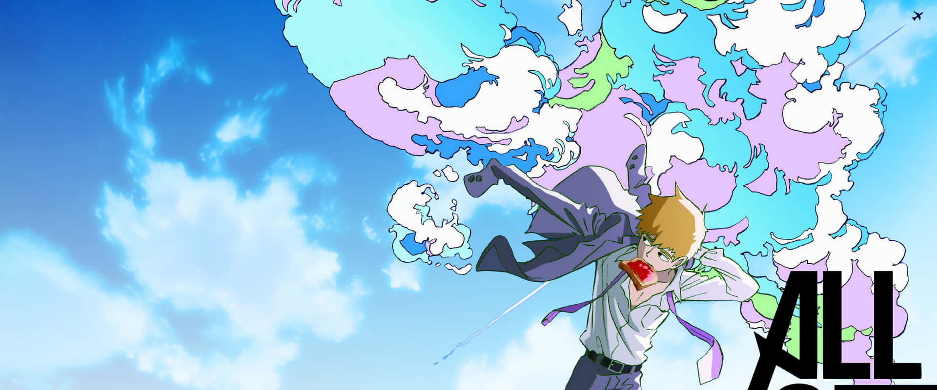 《超能力者100》阿塔卡穿西裝畫面 壁紙 — 一個金髮動漫男孩，穿著白襯衫和紫色外套，跳過充滿活力的天空，周圍環繞著旋轉的粉彩雲，手持一個紅蘋果。