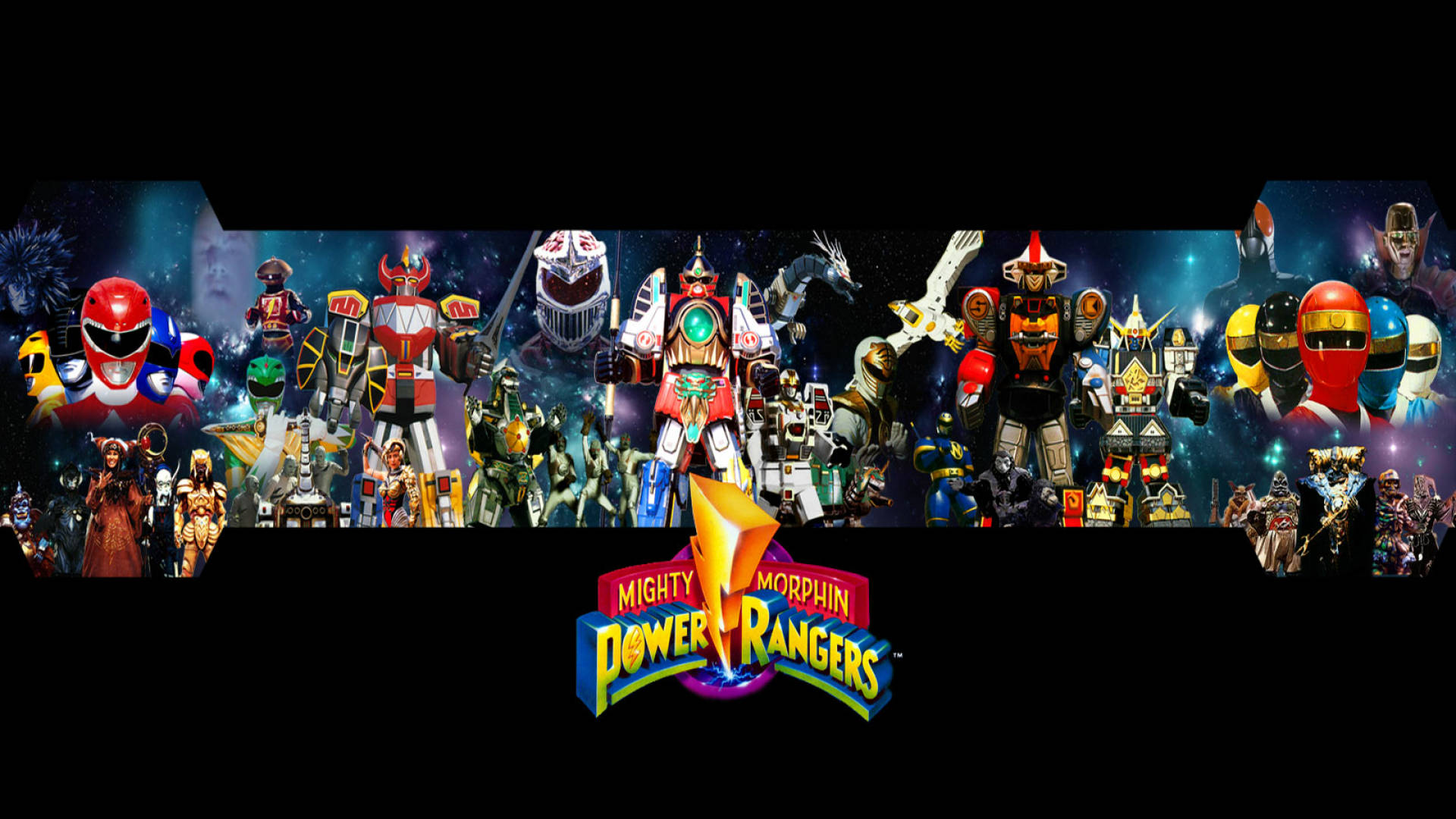 《超能戰隊》Mighty Morphin系列海報 壁紙 — 一幅充滿活力的拼貼畫，描繪了Mighty Morphin Power Rangers及其Zord怪物在宇宙背景下的場景，下方是標誌性標誌。