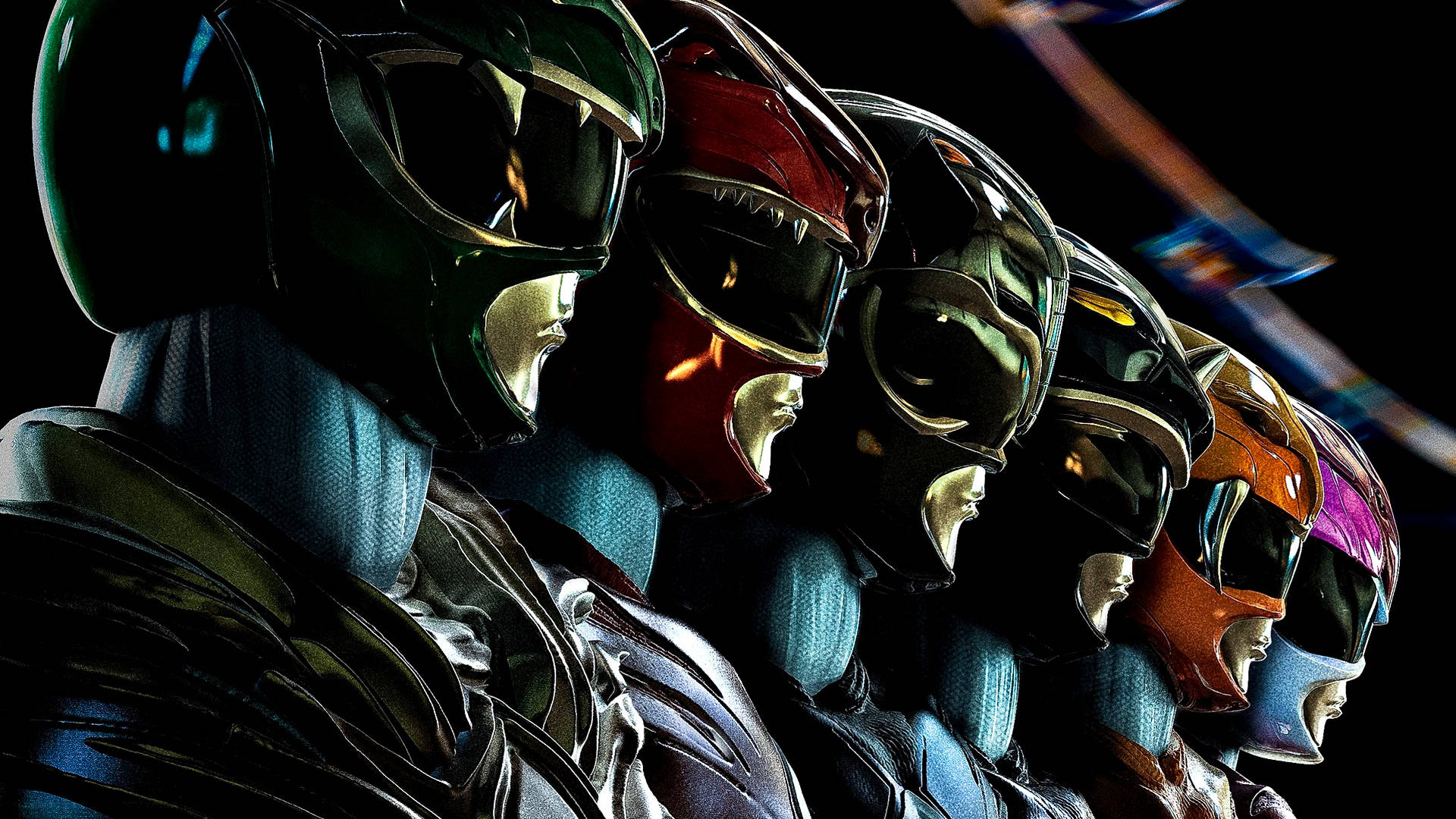 《超能戰隊》近距離特寫 壁紙 — 六個穿著彩色頭盔的Power Rangers在黑暗背景中，以戲劇性的側面輪廓站立，伴隨著發光的能量效果。